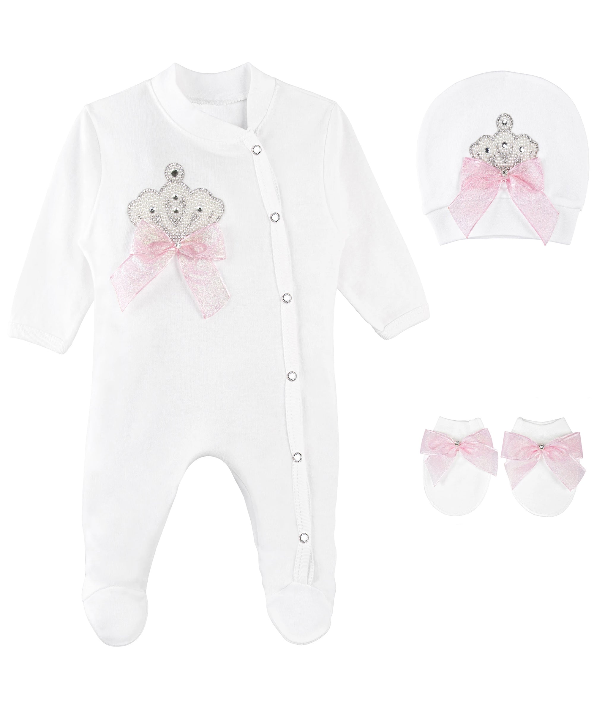 Jeweled crown newborn layette with footie, hat, mittens with bows; perfect christmas pajamas and Christmas gift ideas