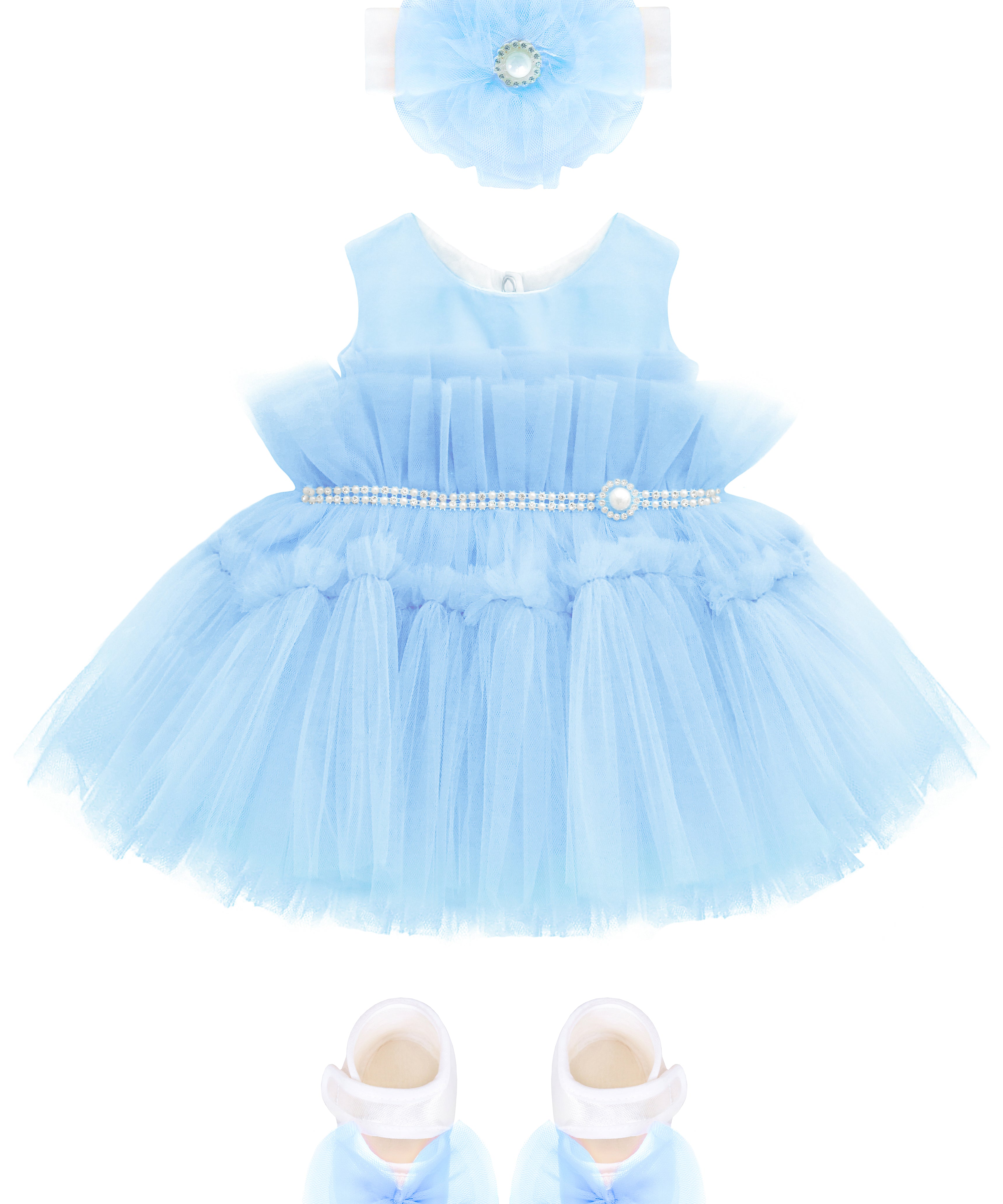 Baby girls layered tulle skirt dress and bow attached jeweled belt; perfect for baby girl clothes & christmas gift ideas  