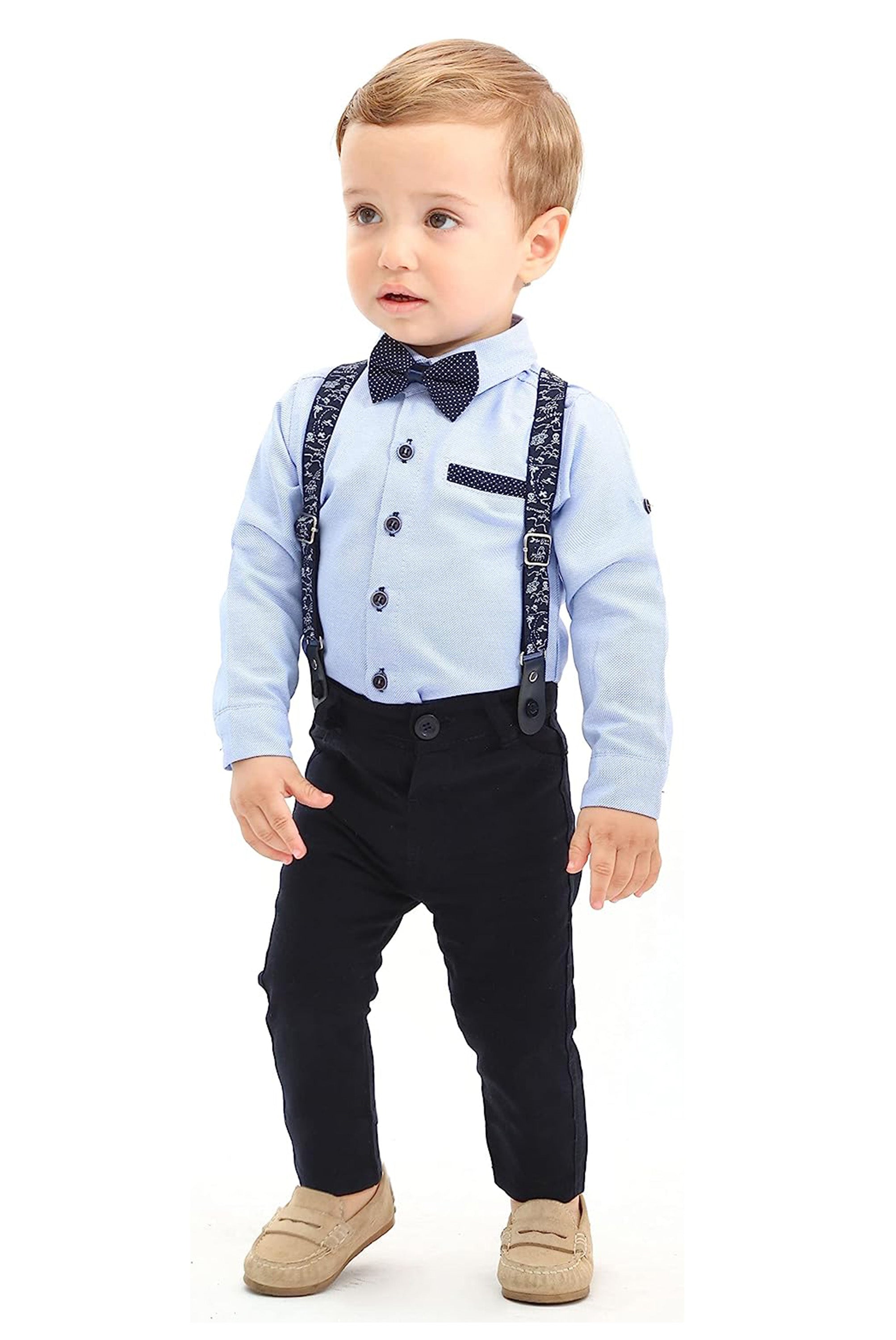 Boys cotton suit with shirt, pants and suspender set; perfect for baby boy clothes & christmas gift ideas  