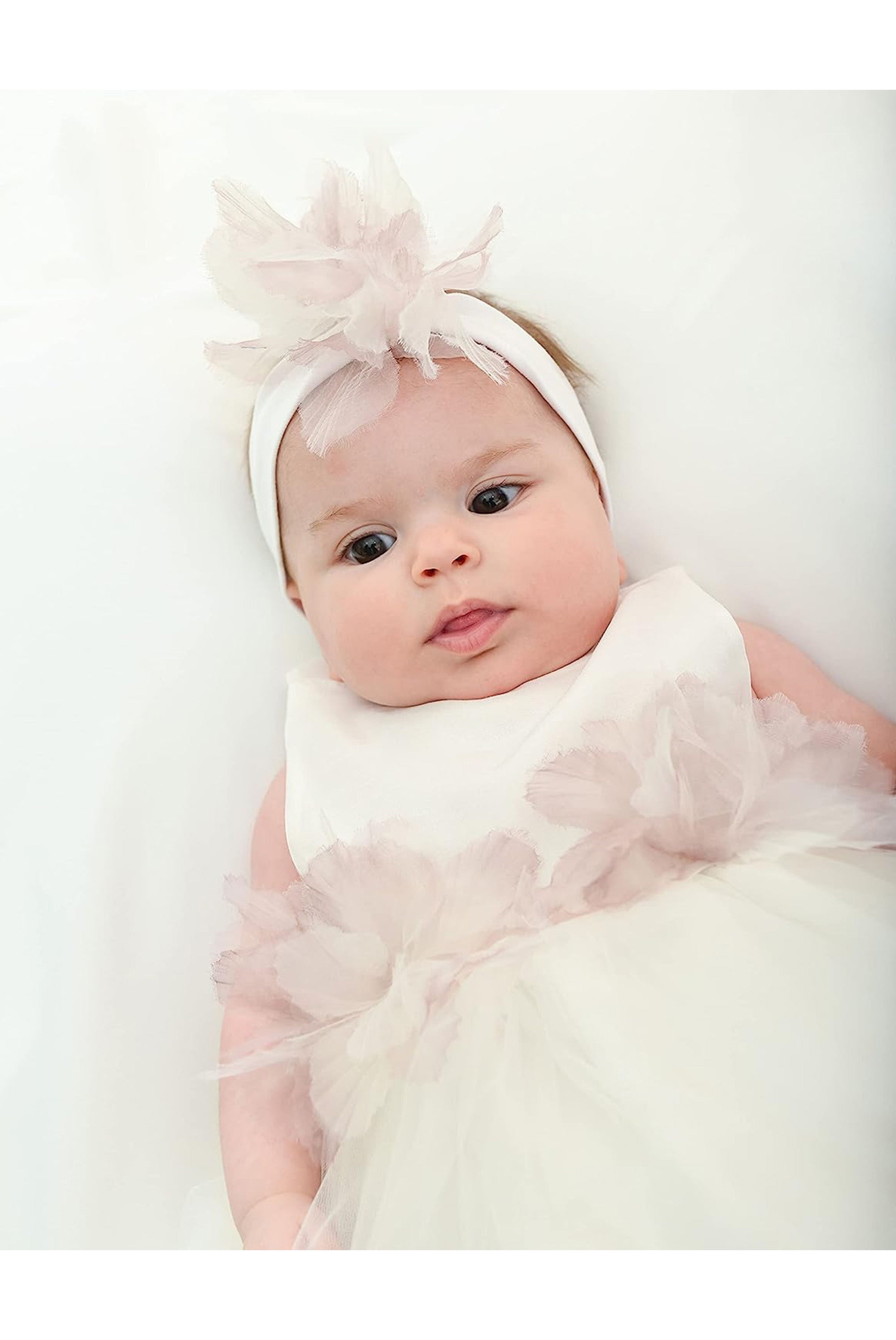 Baby girl tulle dress with flowers at waistline and matching shoes & headband; perfect for christmas gift ideas