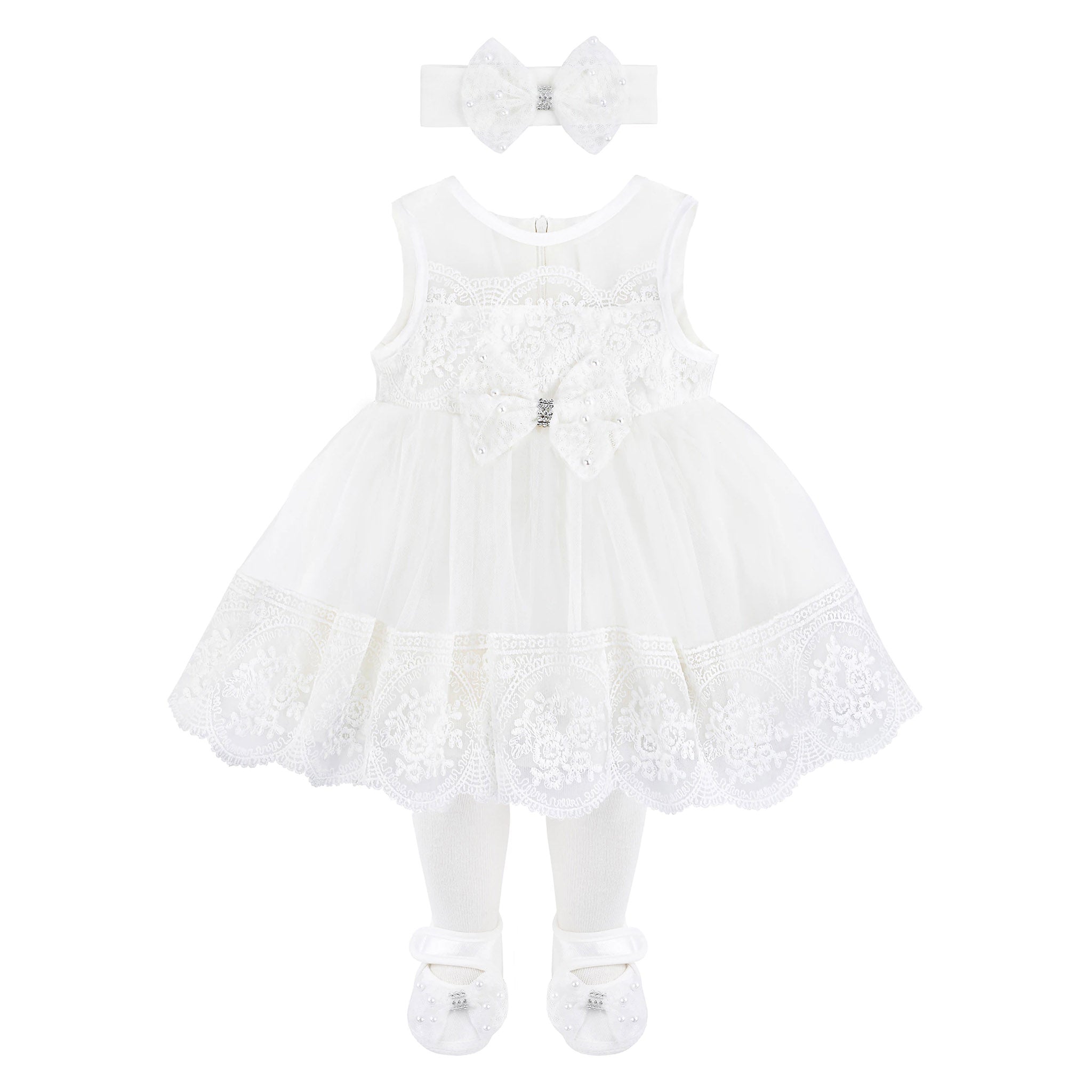 Newborn baby girl dress with lace flower details and  matching headband & shoes; for christening, baptism & Christmas gift ideas 