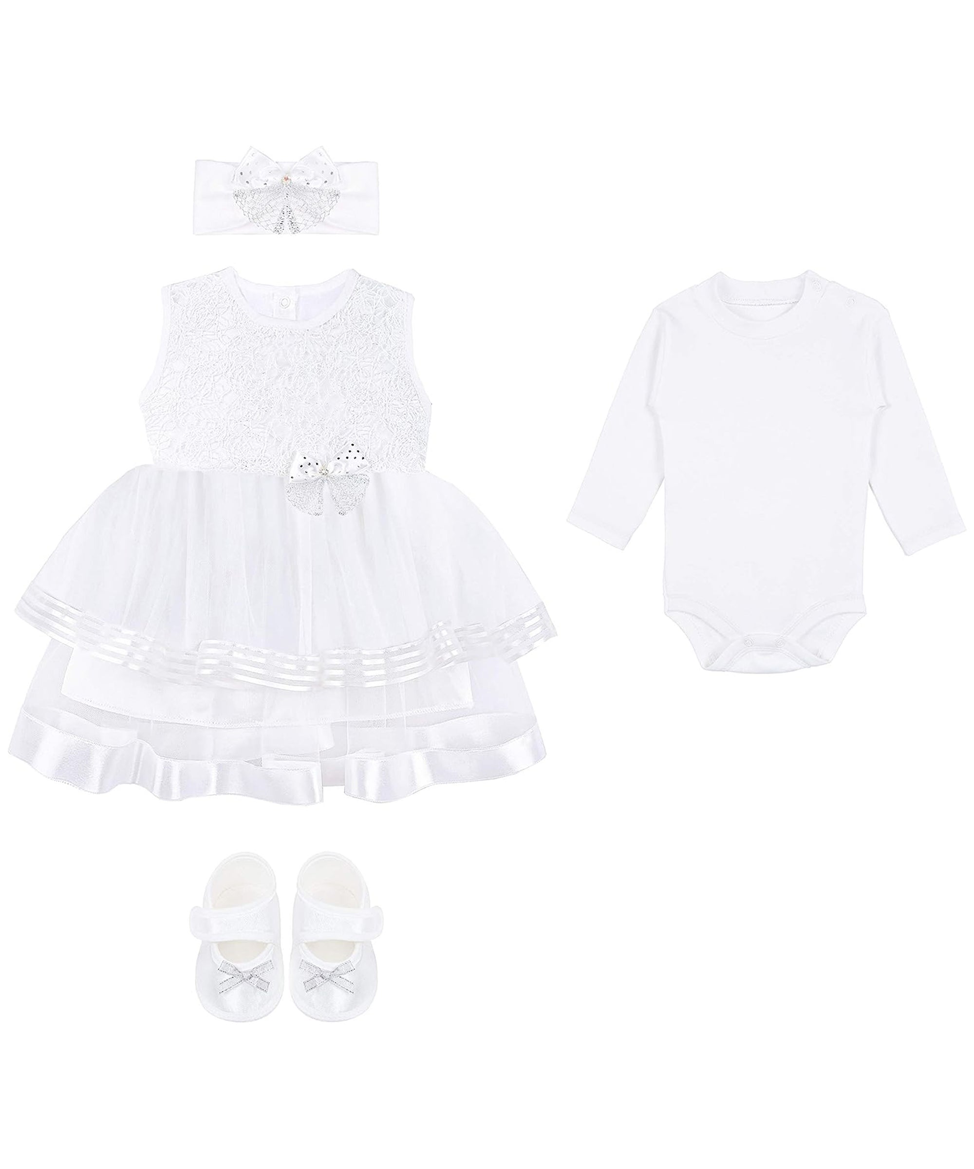 Newborn baby girl dress with layered shirt and llace flower details with matching headband & shoes; for christening & Christmas gift ideas