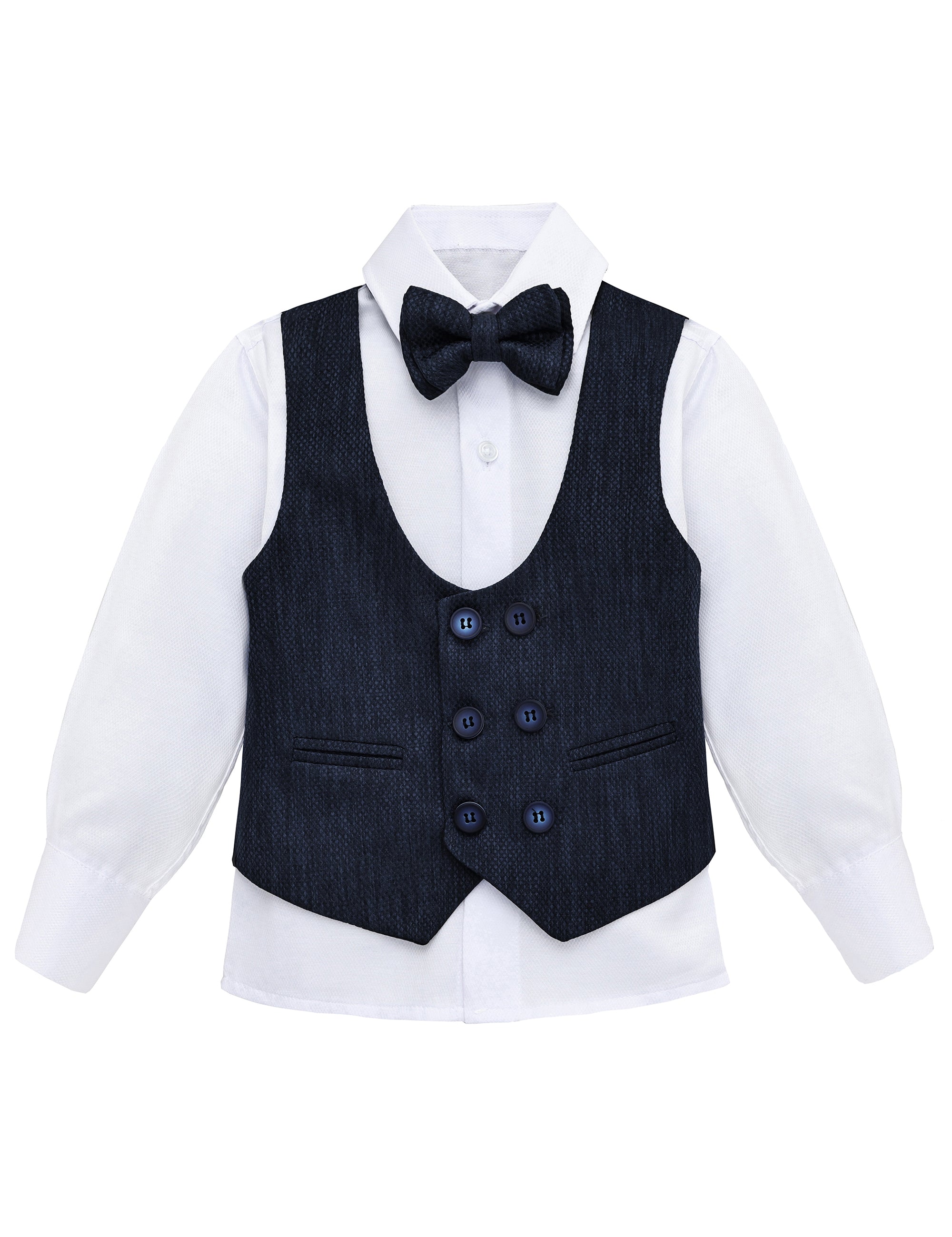 Boys 4 piece tuxedo suit with shirt, pants, vest and bow tie; perfect for baby boy clothes & christmas gift ideas  