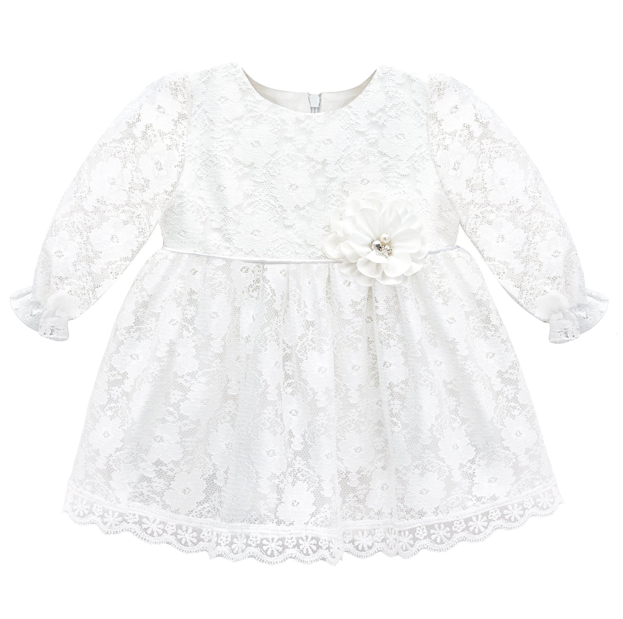 Baby white lace dress with flower attached belt and matching shoes & headband; for christening & Christmas gift ideas 