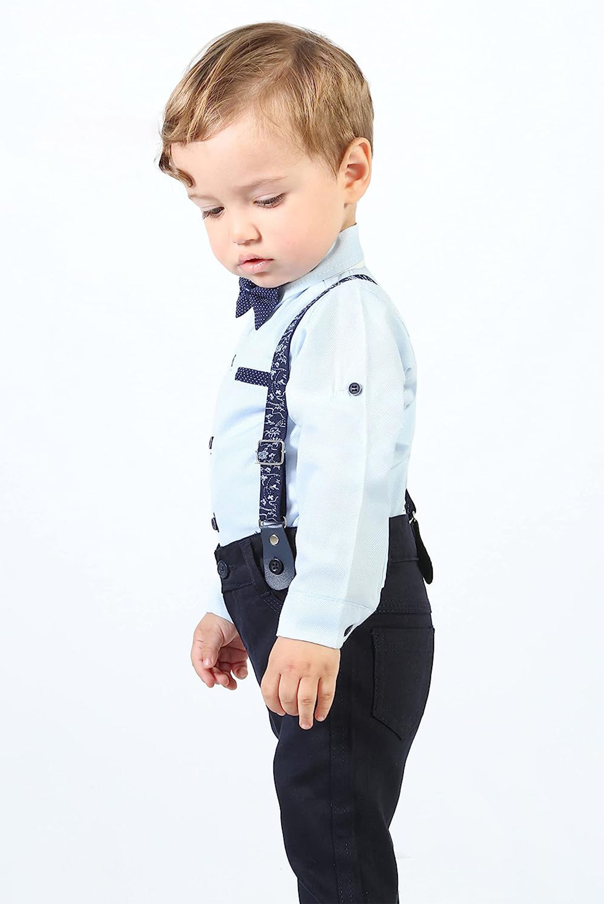 Boys cotton suit with shirt, pants and suspender set; perfect for baby boy clothes & christmas gift ideas  