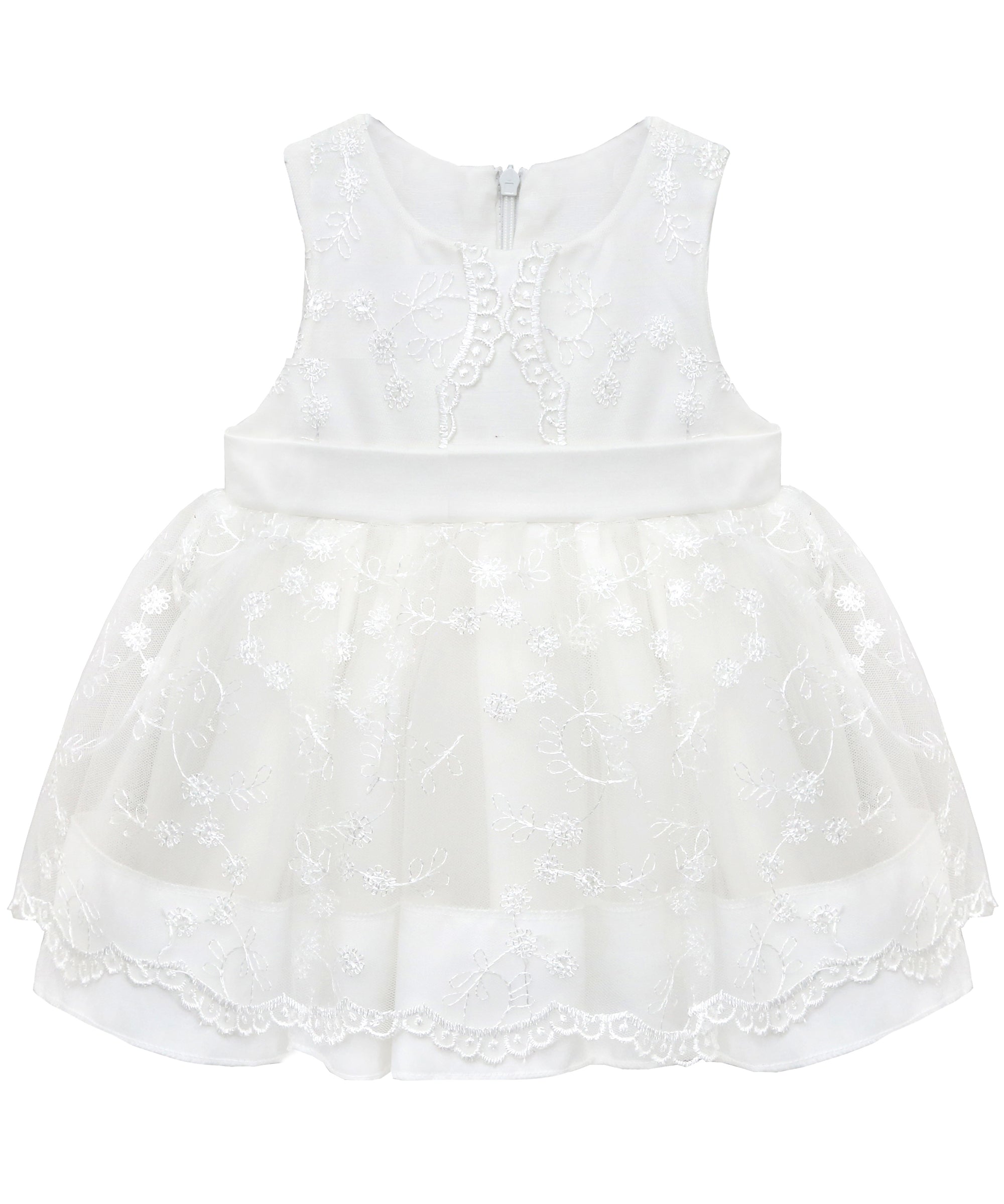 Newborn baby girls dress with lace flower pattern and satin belt; for christening, baptism & Christmas gift ideas 