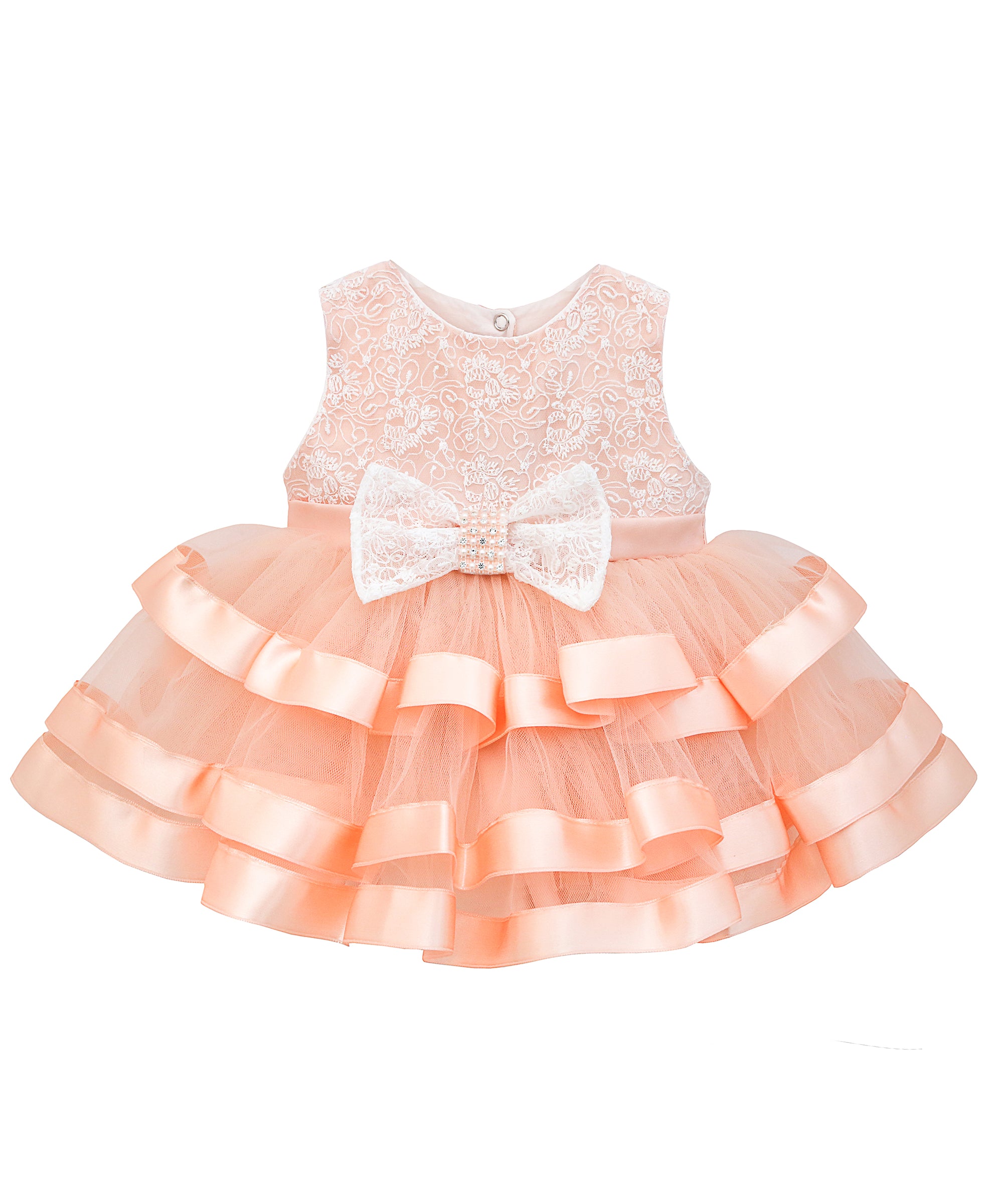 Baby girls lace detailed dress with layered tulle skirt and bow attached satin belt; perfect for baby girl clothes & christmas gift ideas  