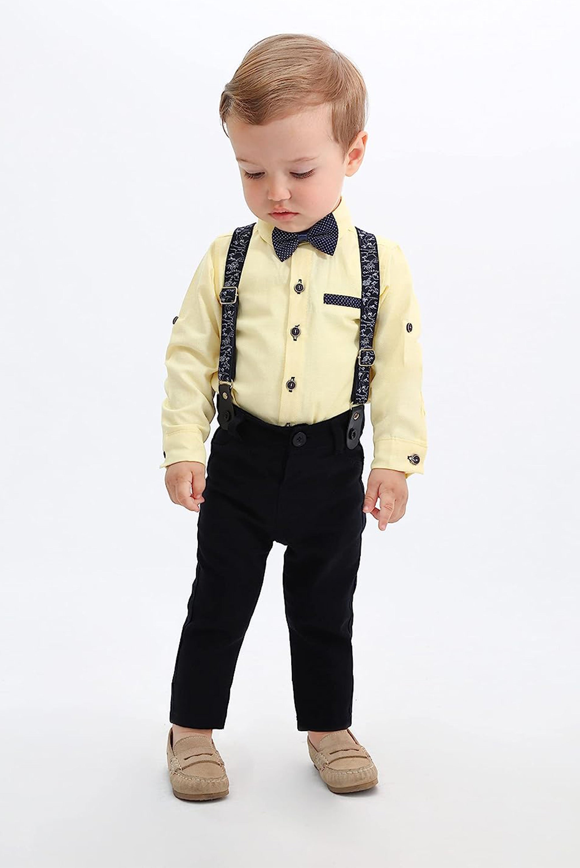 Boys cotton suit with shirt, pants and suspender set; perfect for baby boy clothes & christmas gift ideas  