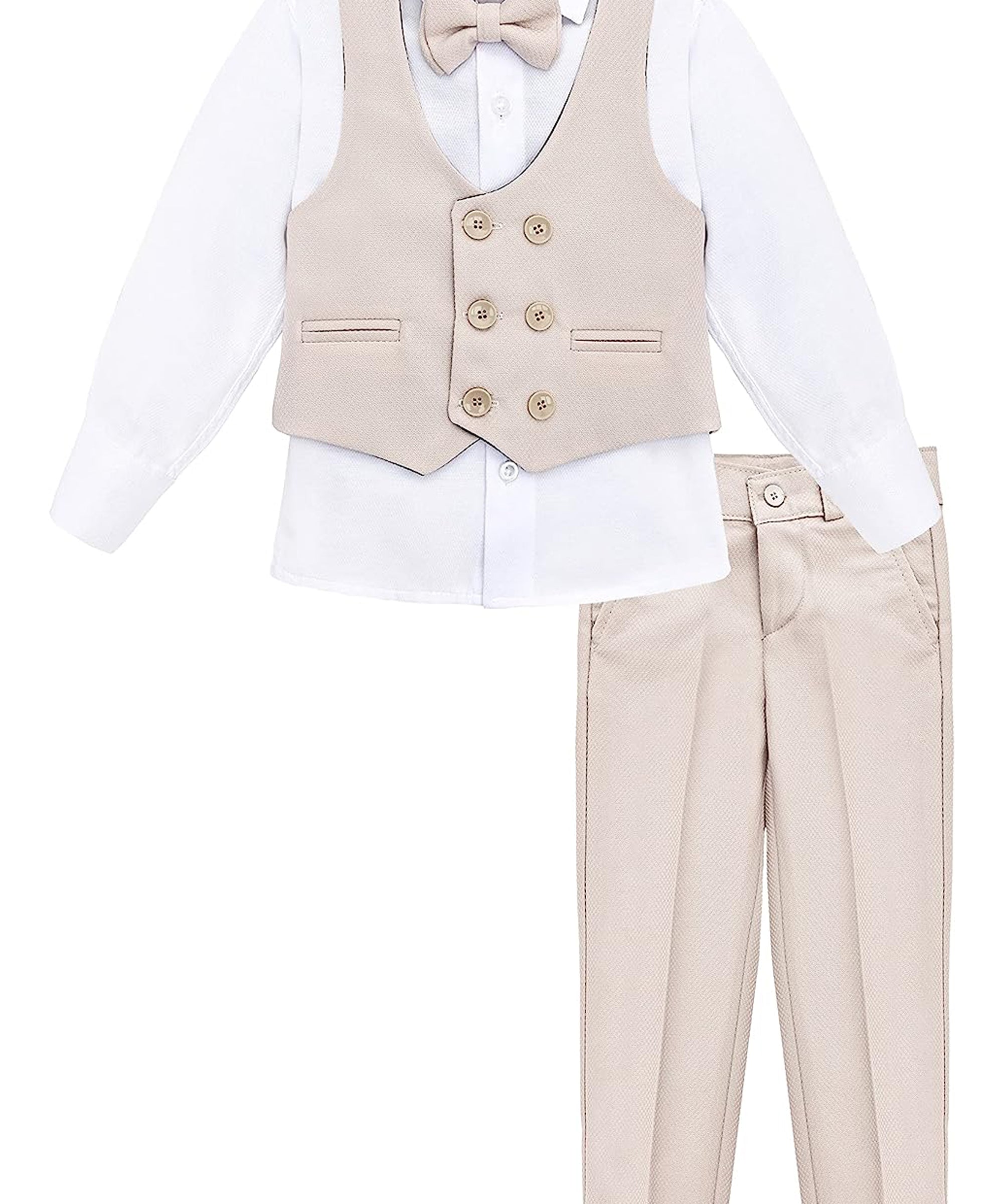 Boys 4 piece tuxedo suit with shirt, pants, vest and bow tie; perfect for baby boy clothes & christmas gift ideas  