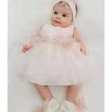 Baby girl tulle dress with flowers at waistline and matching shoes & headband; perfect for christmas gift ideas