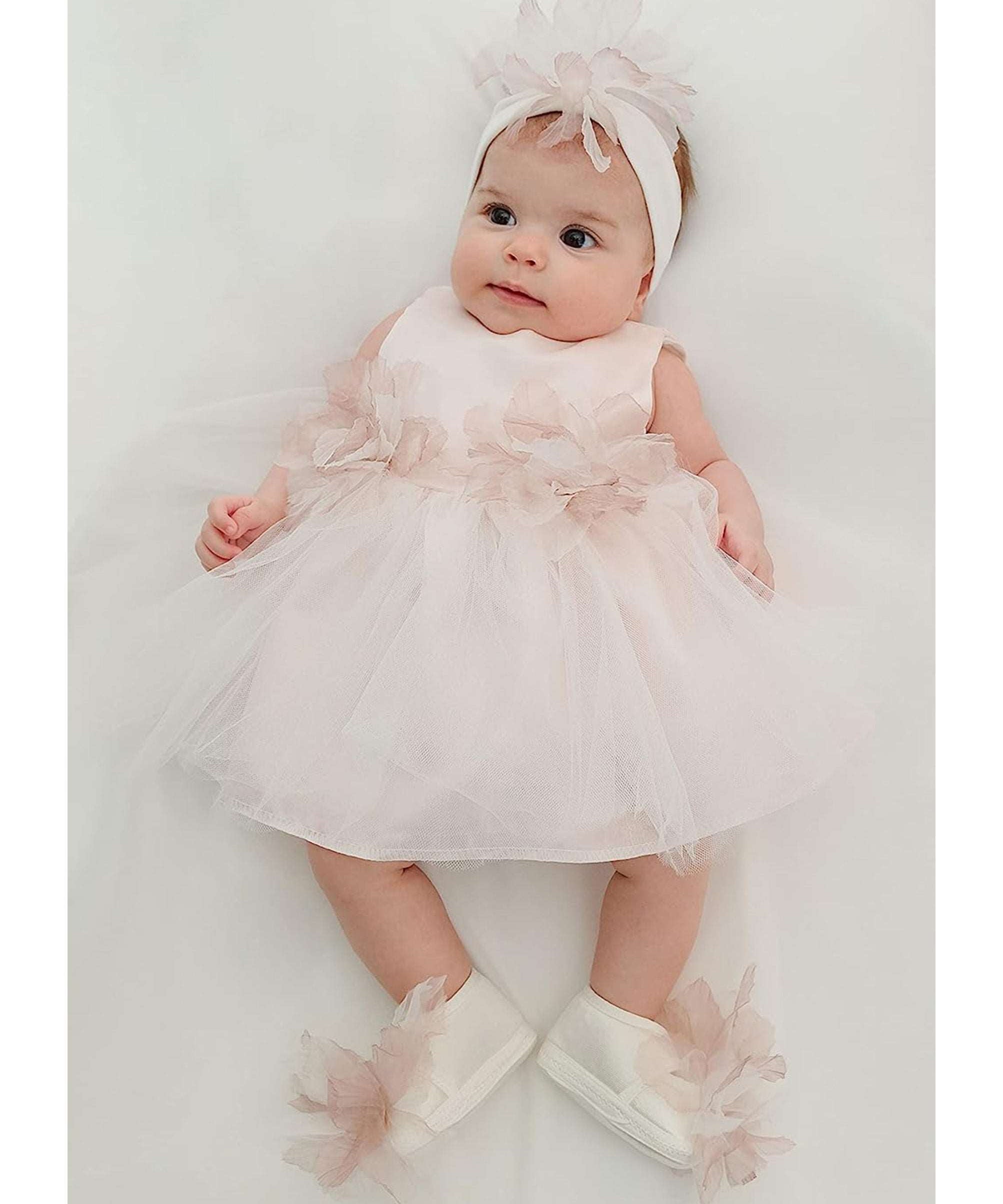 Baby girl tulle dress with flowers at waistline and matching shoes & headband; perfect for christmas gift ideas