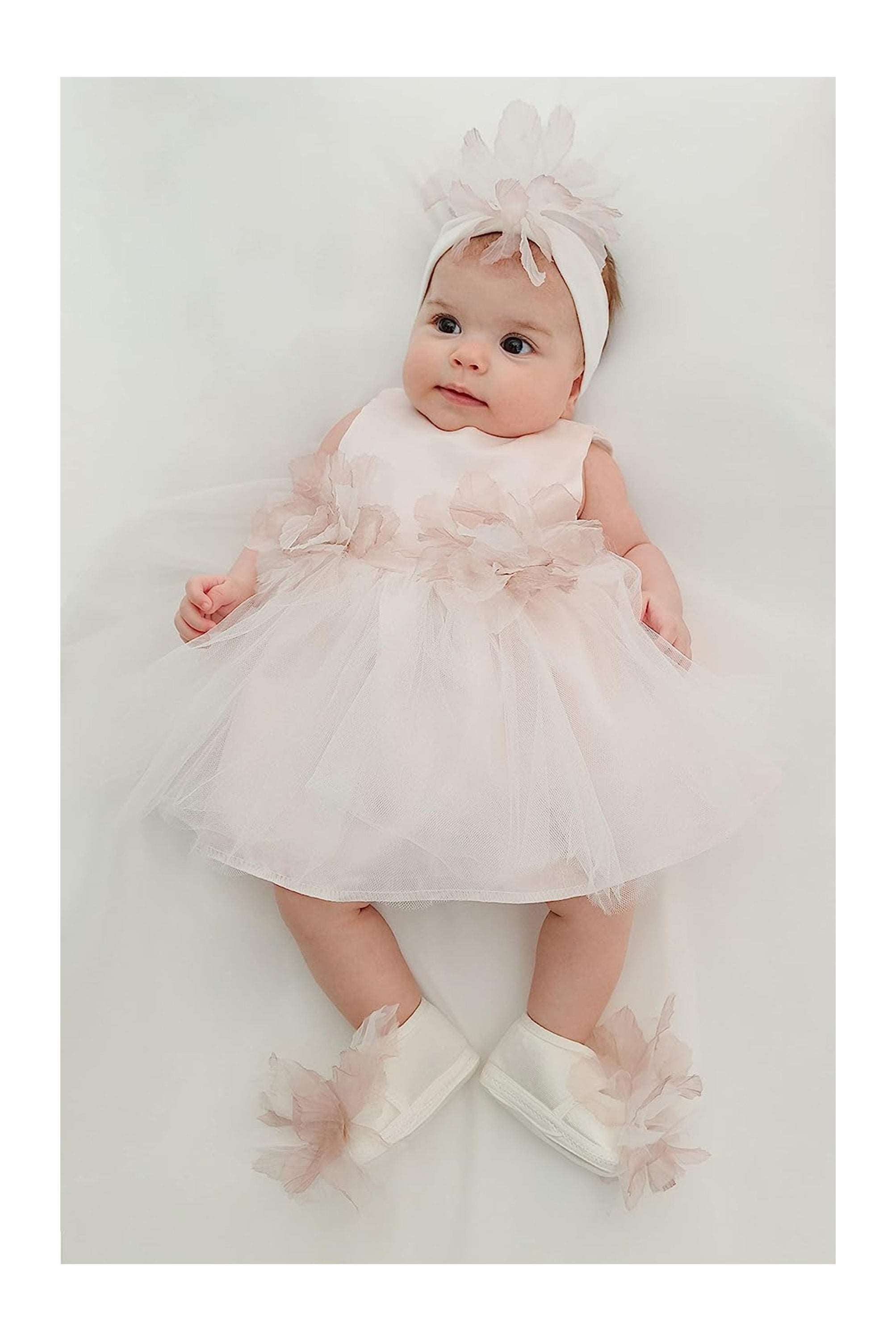 Baby girl tulle dress with flowers at waistline and matching shoes & headband; perfect for christmas gift ideas