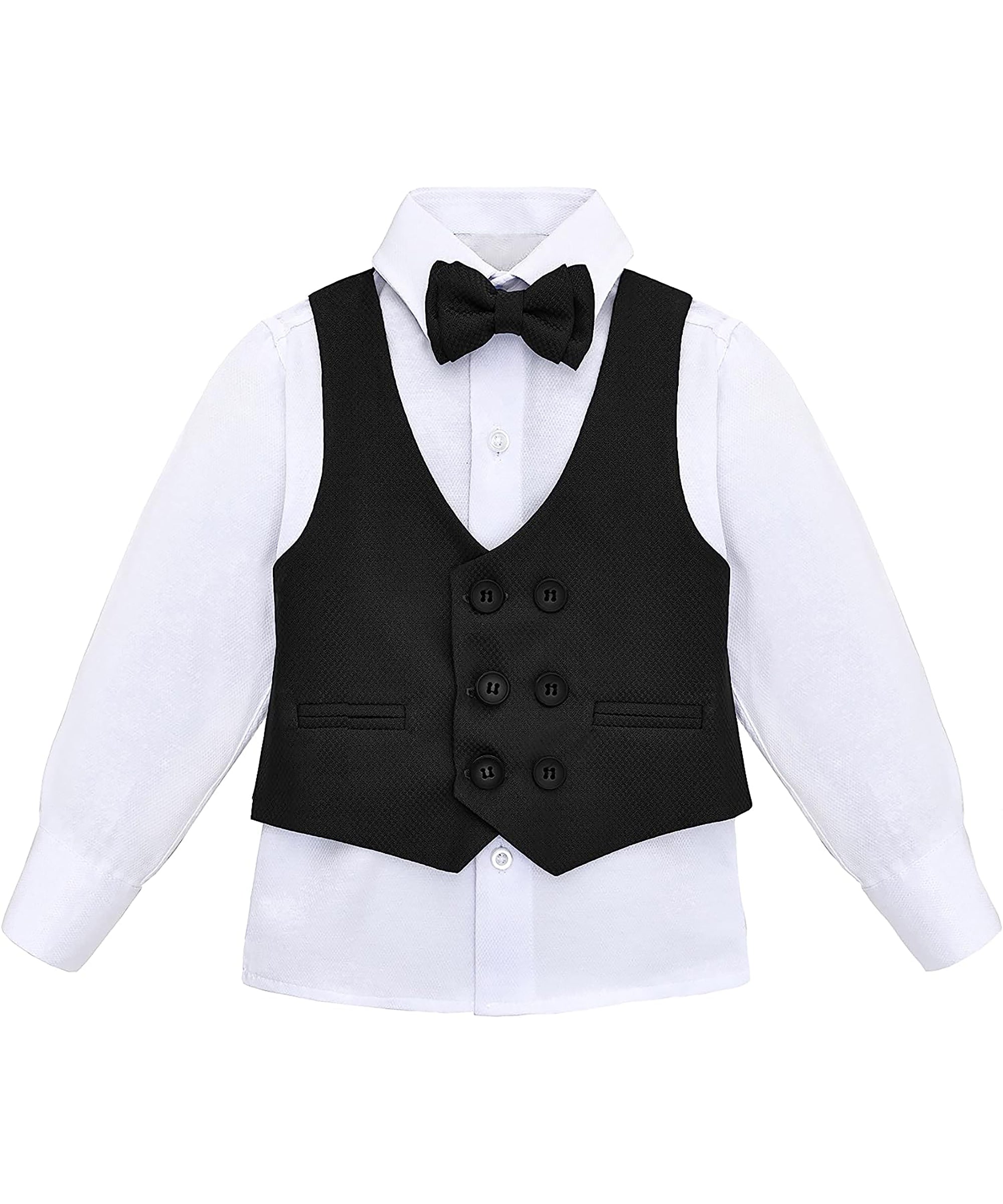 Boys 4 piece tuxedo suit with shirt, pants, vest and bow tie; perfect for baby boy clothes & christmas gift ideas  