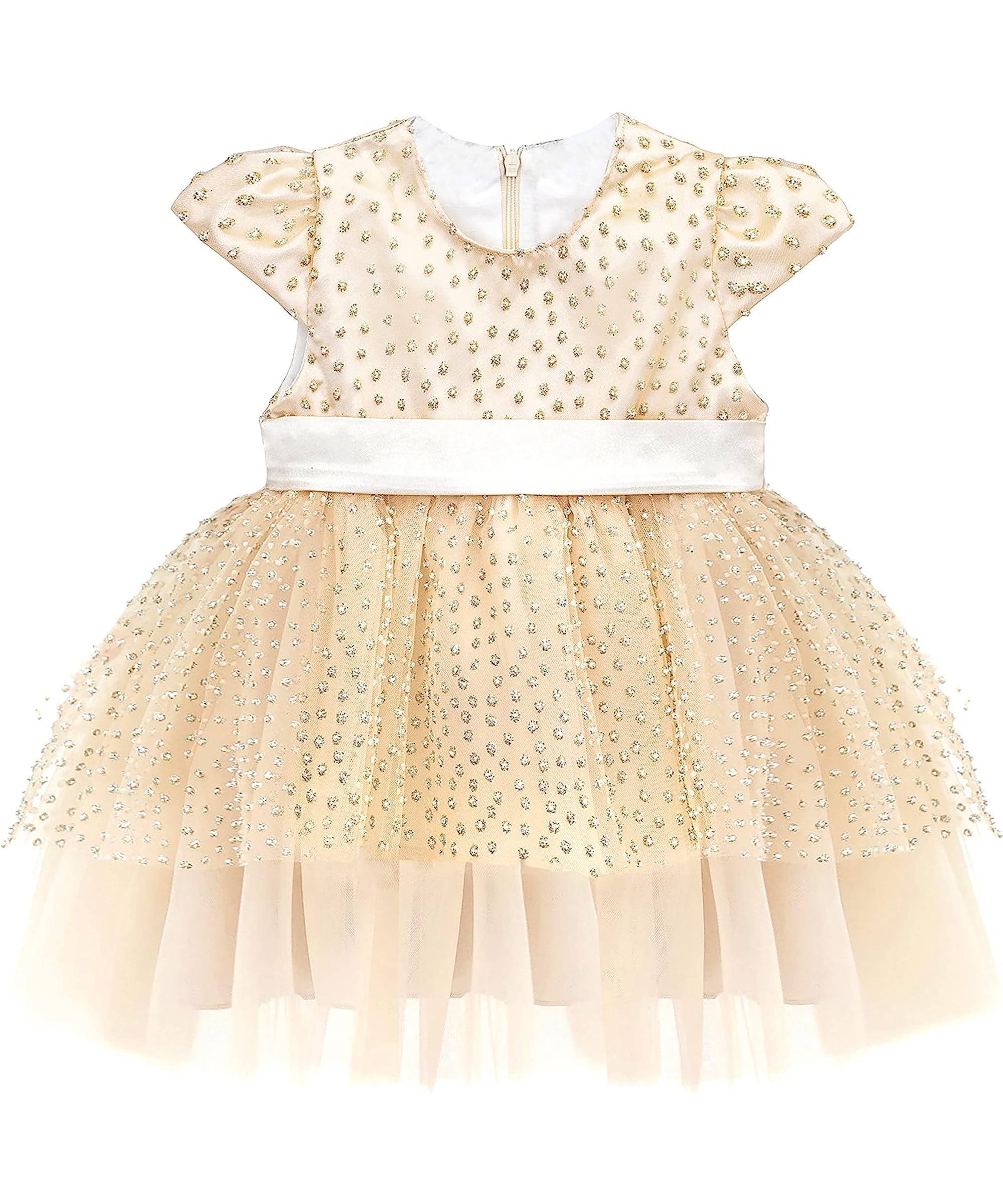 Baby girl gold layered tulle dress with polkadots and matching shoes & headband; for baby girl clothes & christmas gift ideas