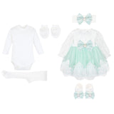 Newborn baby girl dress with lace flower details and  matching headband & shoes; for christening, baptism & Christmas gift ideas 