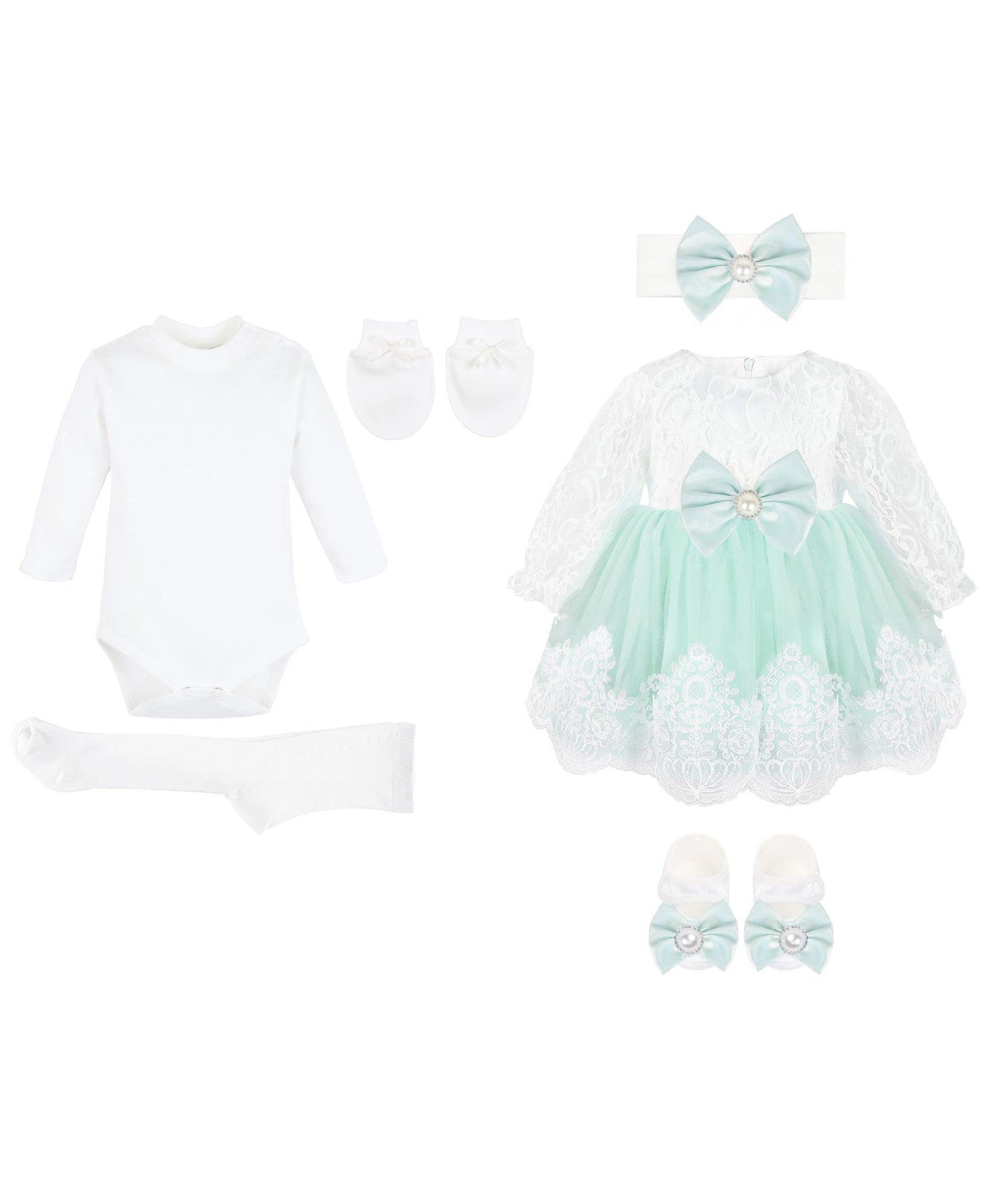 Newborn baby girl dress with lace flower details and  matching headband & shoes; for christening, baptism & Christmas gift ideas 