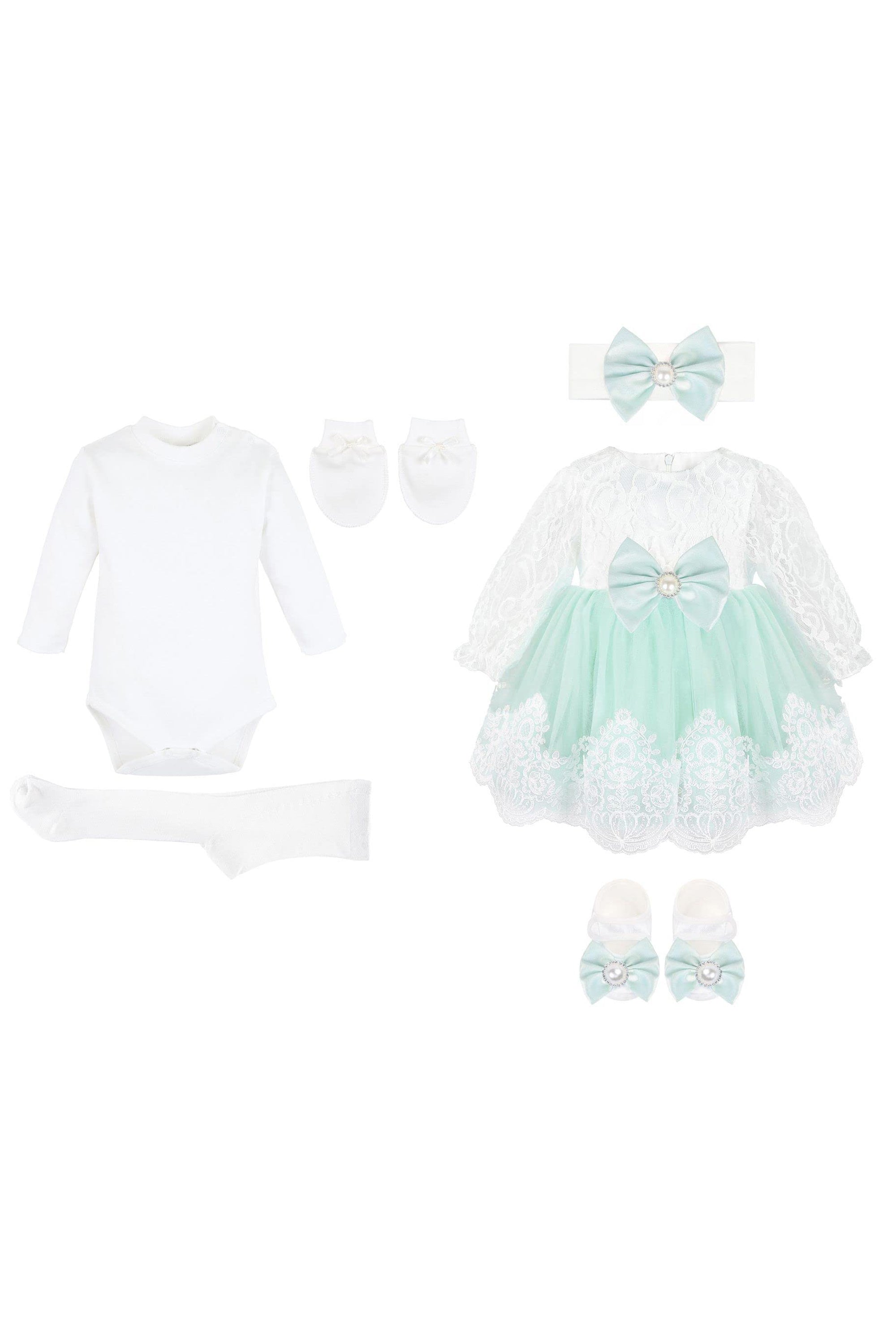 Newborn baby girl dress with lace flower details and  matching headband & shoes; for christening, baptism & Christmas gift ideas 