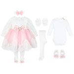 Newborn baby girl dress with lace flower details and  matching headband & shoes; for christening, baptism & Christmas gift ideas 