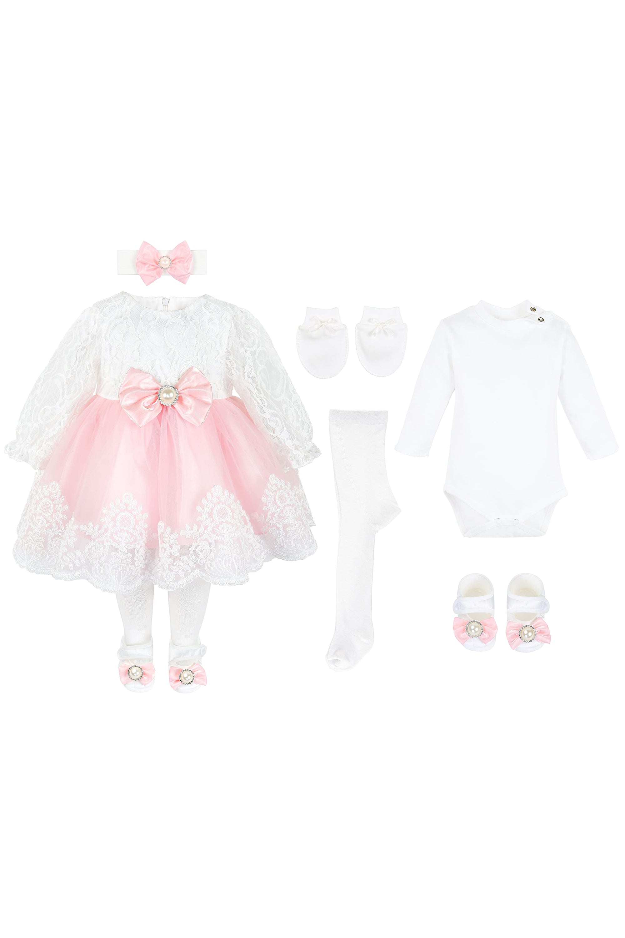 Newborn baby girl dress with lace flower details and  matching headband & shoes; for christening, baptism & Christmas gift ideas 