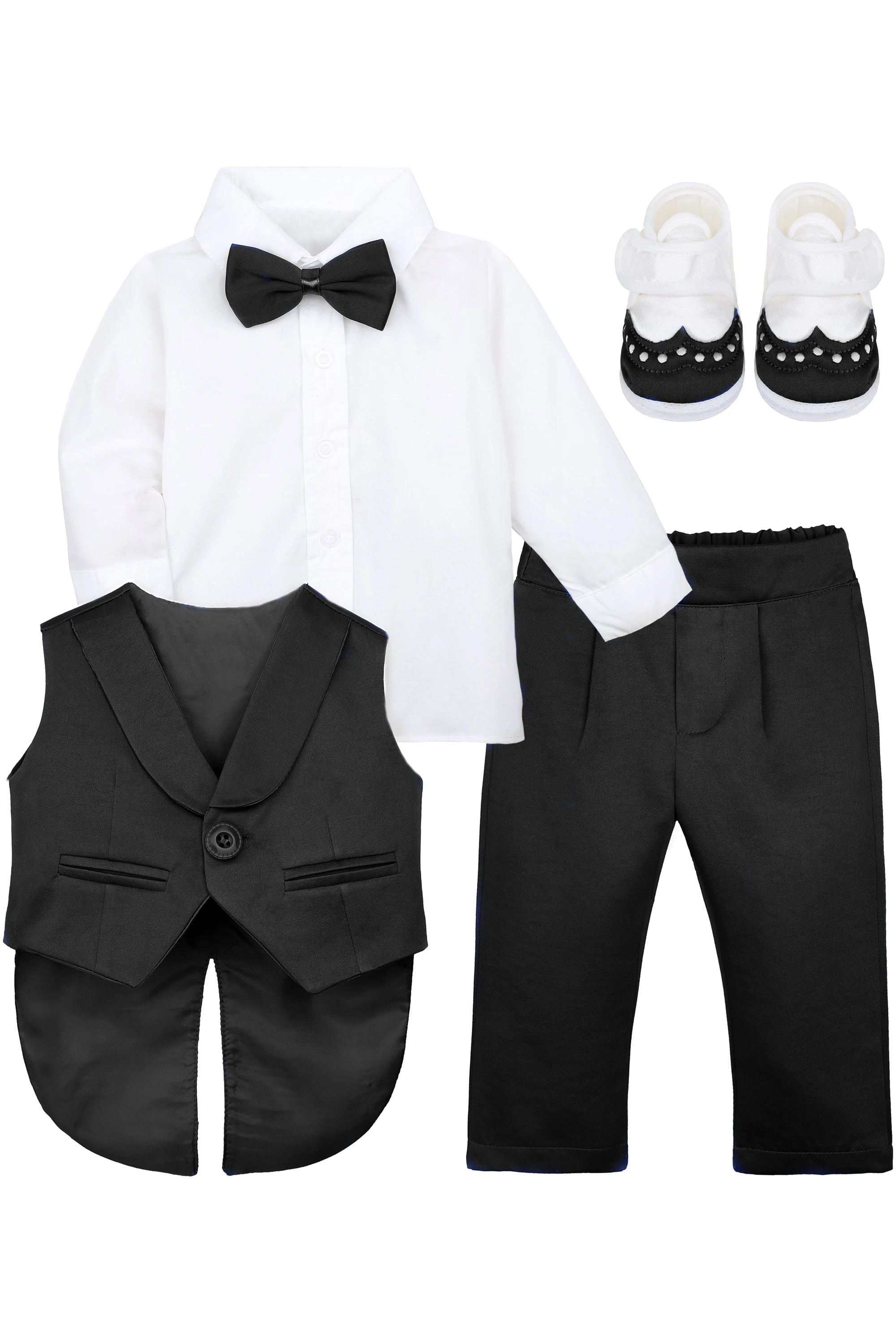 Baby boy 4 piece tuxedo suit with shirt, pants, vest, shoes; perfect for baby boy clothes & christmas gift ideas  