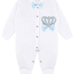 Jeweled crown newborn layette with footie, hat, mittens with bows; perfect christmas pajamas and christmas gift ideas