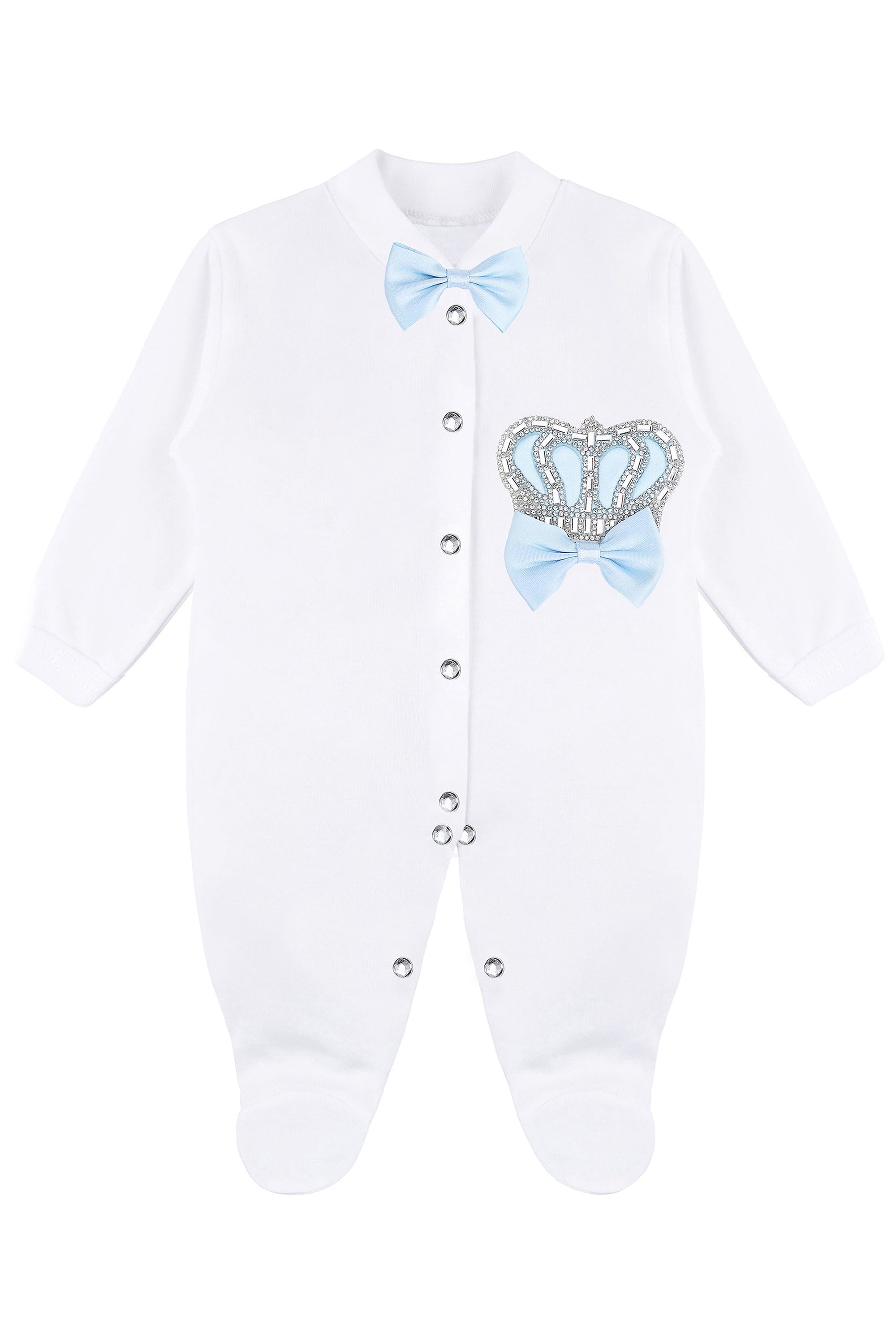 Jeweled crown newborn layette with footie, hat, mittens with bows; perfect christmas pajamas and christmas gift ideas