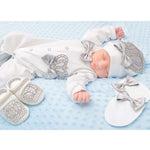 Jeweled crown newborn layette with footie, hat, mittens with bows; perfect christmas pajamas and christmas gift ideas