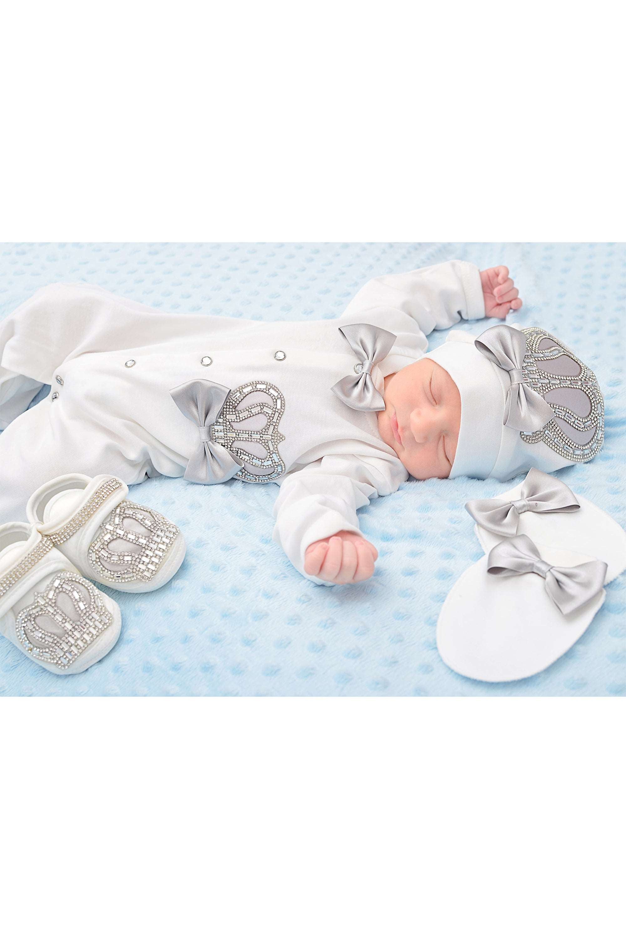 Jeweled crown newborn layette with footie, hat, mittens with bows; perfect christmas pajamas and christmas gift ideas