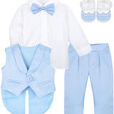 Baby boy 4 piece tuxedo suit with shirt, pants, vest, shoes; perfect for baby boy clothes & christmas gift ideas  