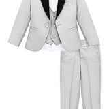 Little & Youth Boys' Satin Detailed Suit Set - Satin Collar Formal Jacket, Vest, Pants, Shirt, and Matching Bowtie - 5-Piece Fashion Set LILAX