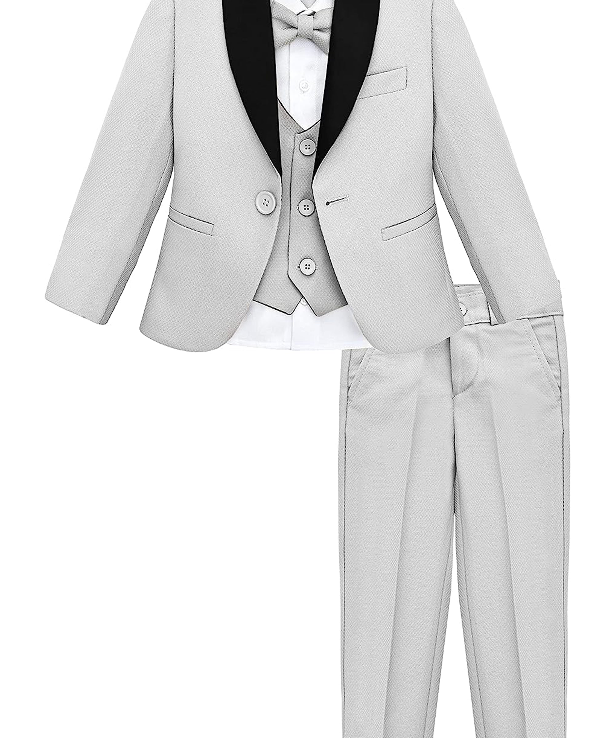 Boys 5 piece tuxedo suit with jacket, shirt, pants, vest and bow tie; perfect for baby boy clothes & christmas gift ideas  