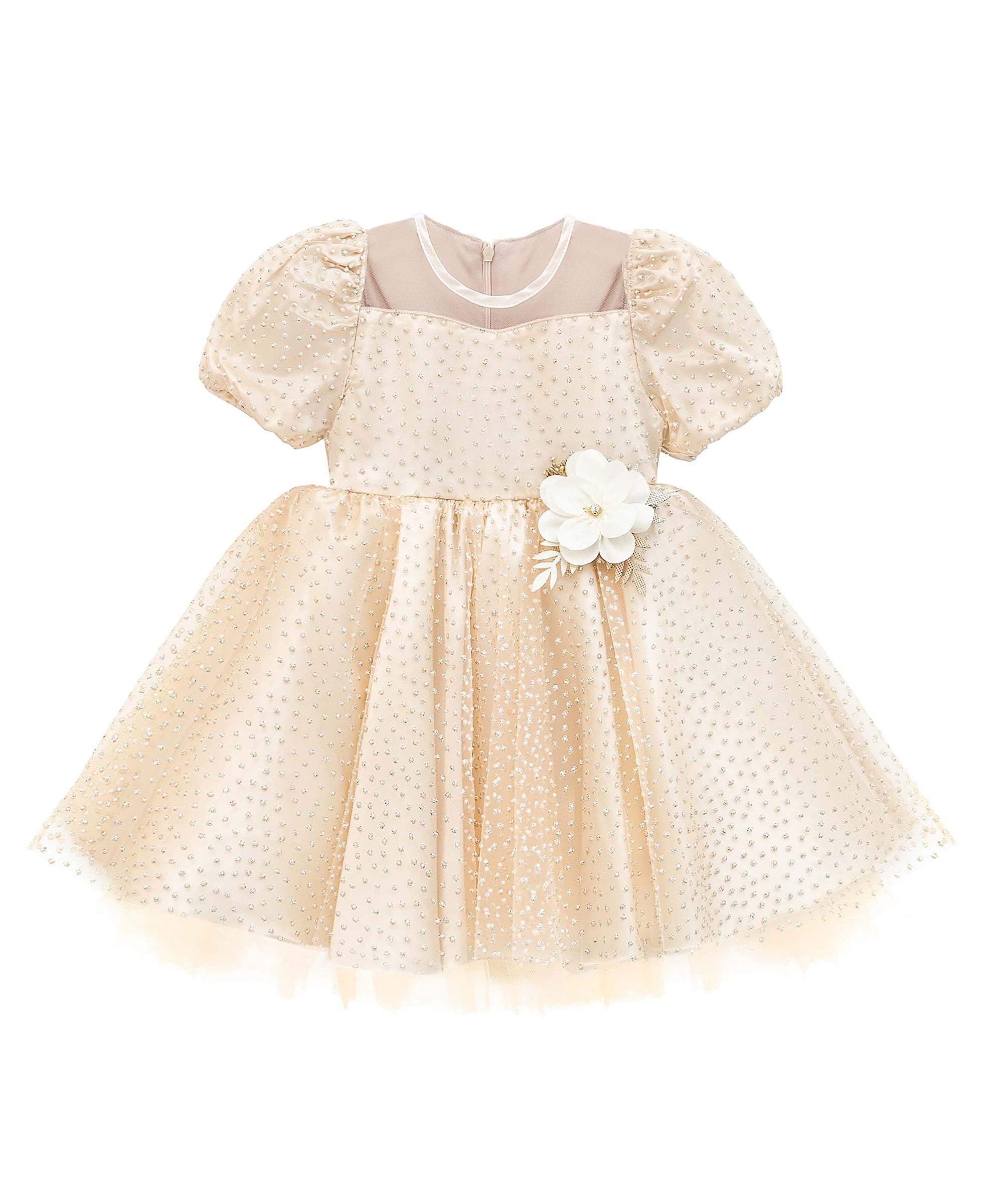 Baby girl gold dress with tulle skirt and polka dots; perfect for baby girl clothes & christmas gift ideas