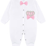 Jeweled crown newborn layette with footie, hat, mittens with bows; perfect christmas pajamas and Christmas gift ideas