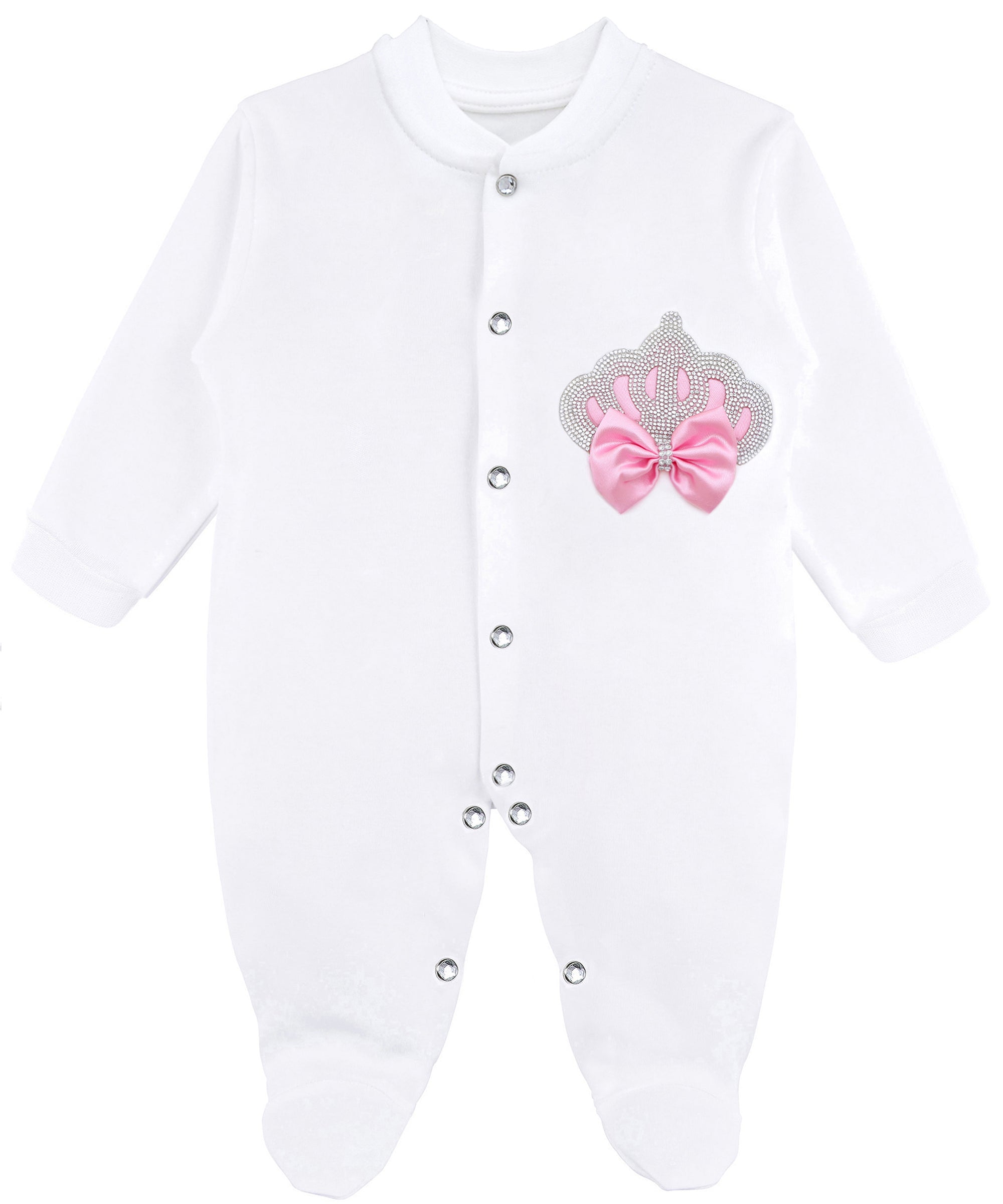 Jeweled crown newborn layette with footie, hat, mittens with bows; perfect christmas pajamas and Christmas gift ideas