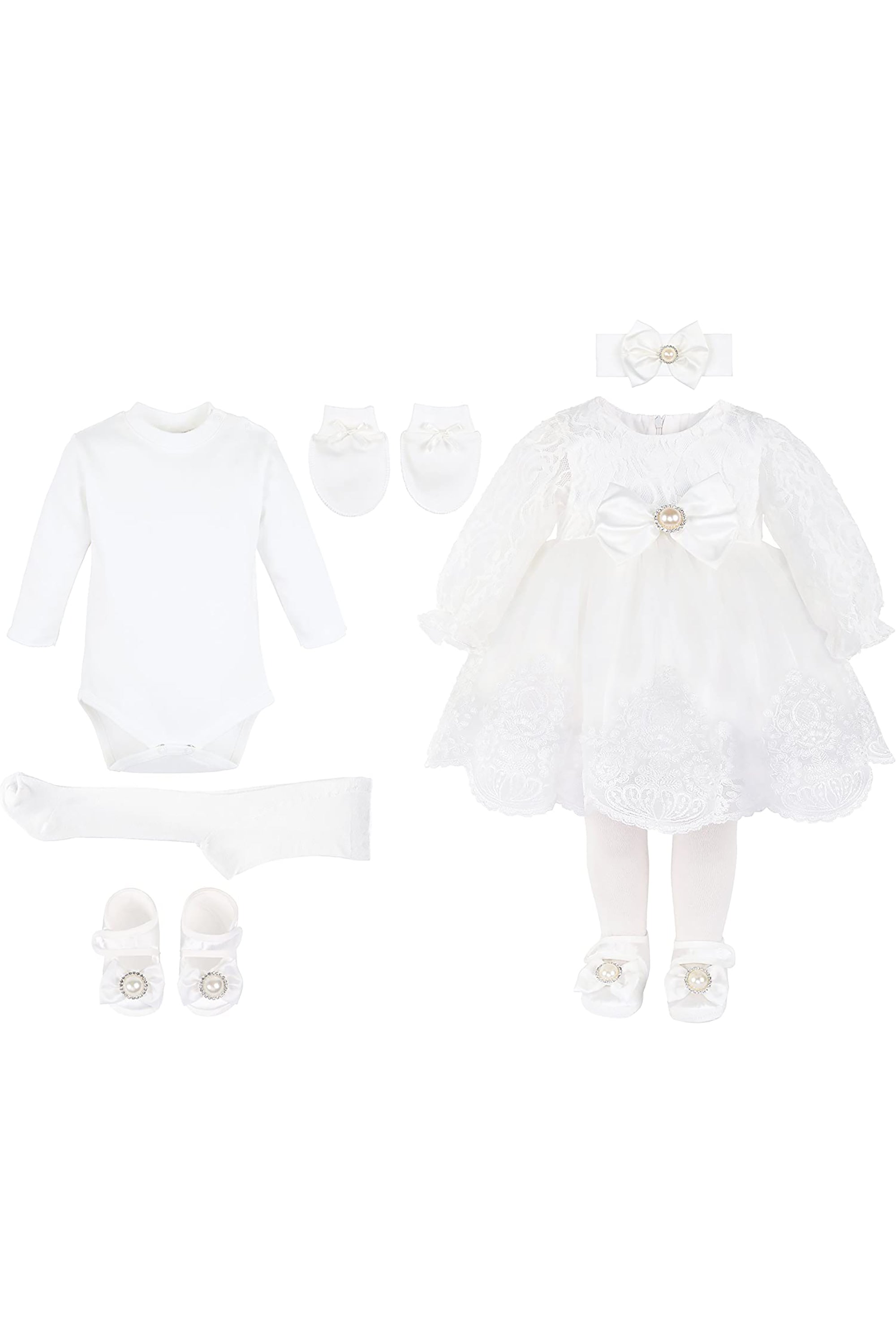 Newborn baby girl dress with lace flower details and  matching headband & shoes; for christening, baptism & Christmas gift ideas 