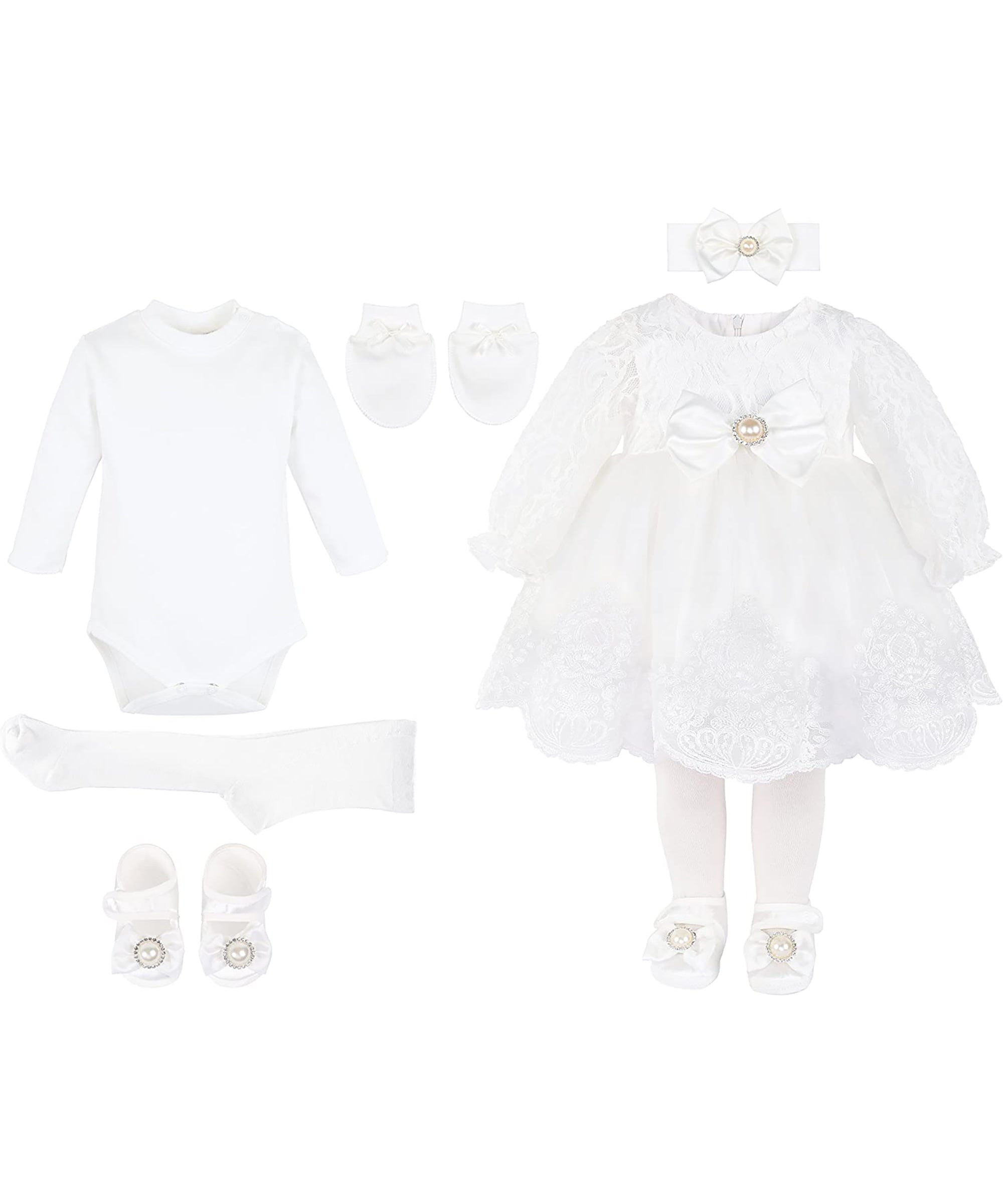 Baby white lace dress with bow at waistline and matching shoes & headband; for christening, baptism & Christmas gift ideas 