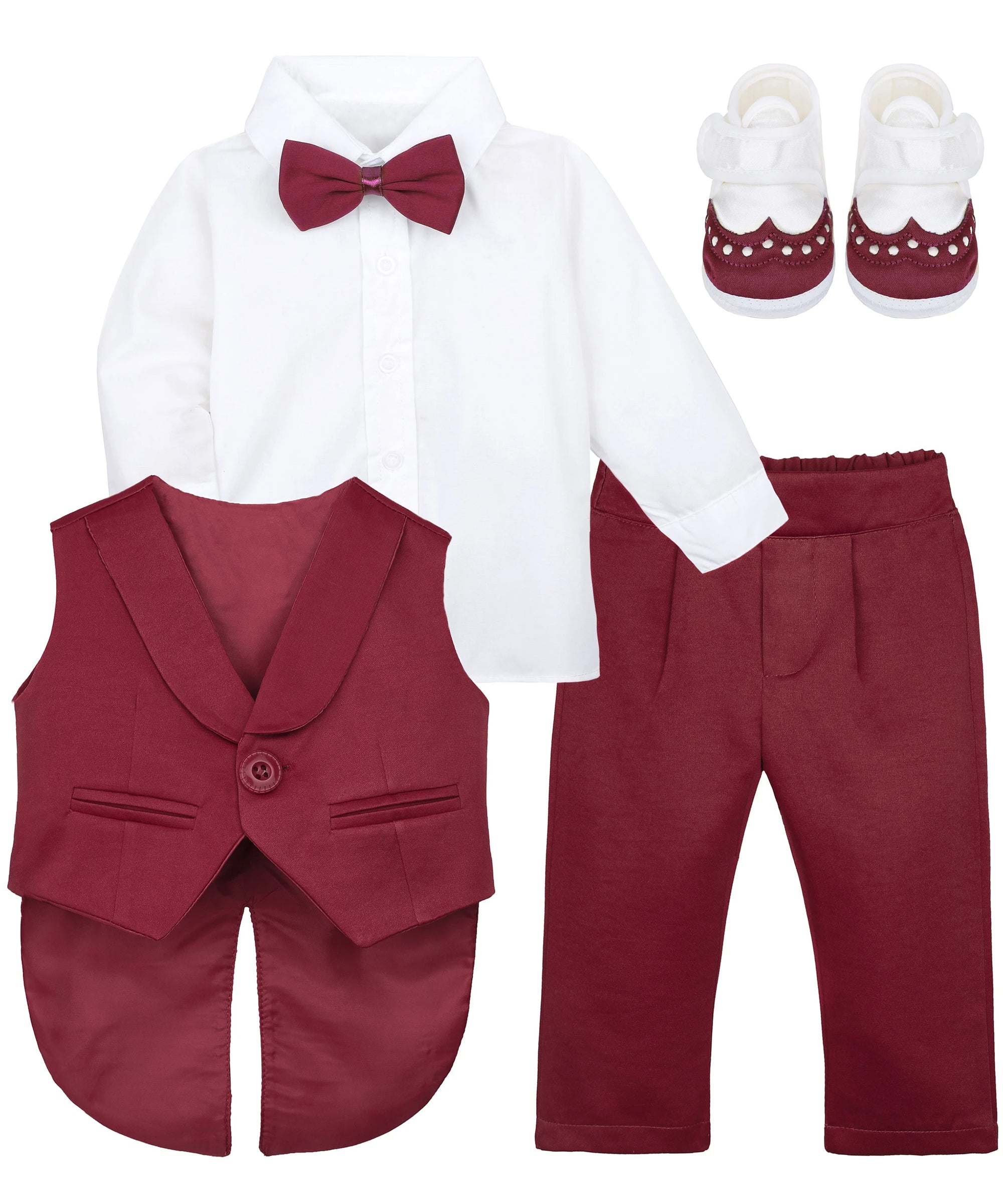 Baby boy 4 piece tuxedo suit with shirt, pants, vest, shoes; perfect for baby boy clothes & christmas gift ideas  