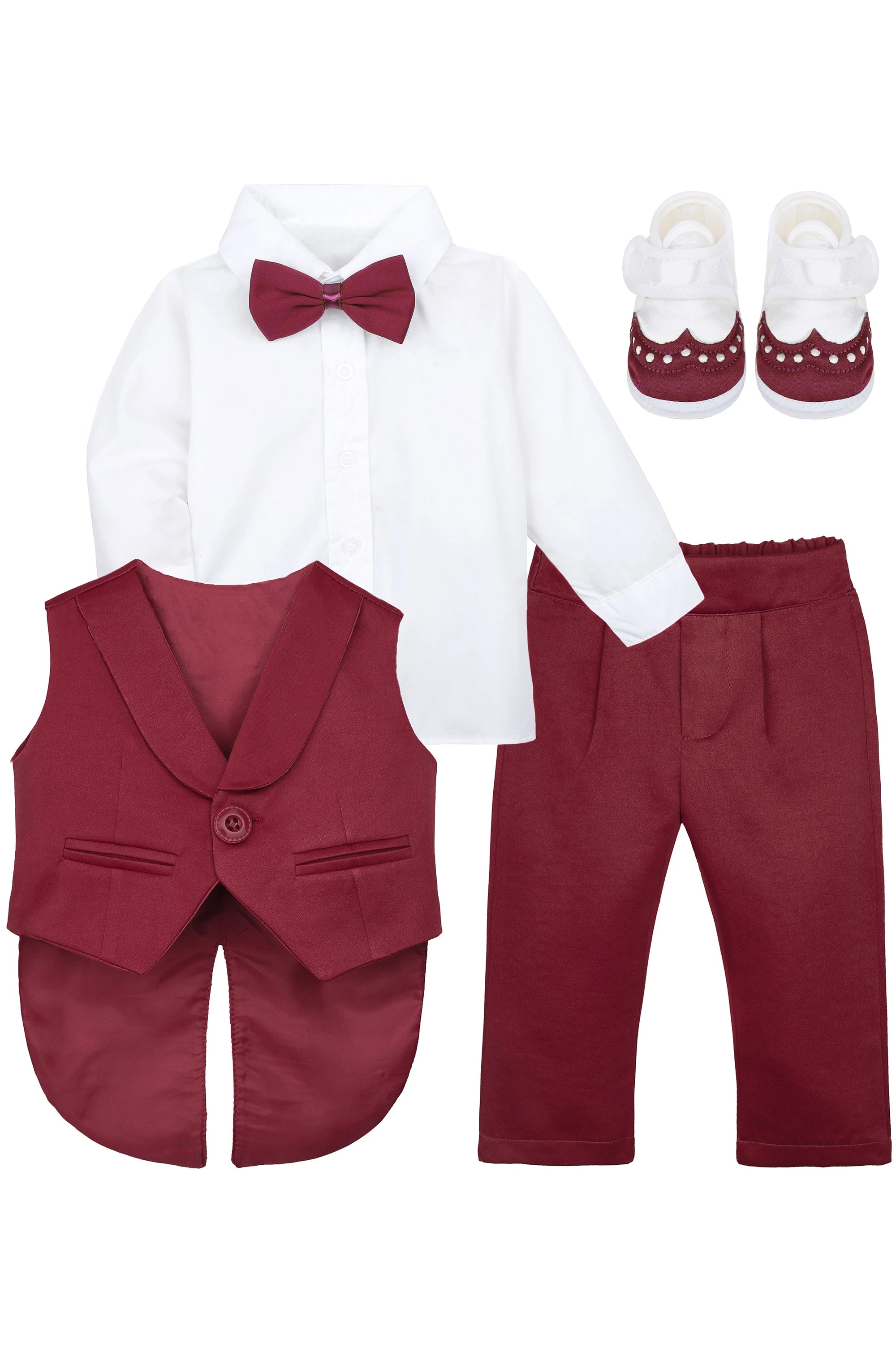 Baby boy 4 piece tuxedo suit with shirt, pants, vest, shoes; perfect for baby boy clothes & christmas gift ideas  