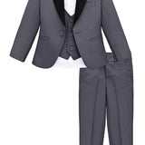 Little & Youth Boys' Satin Detailed Suit Set - Satin Collar Formal Jacket, Vest, Pants, Shirt, and Matching Bowtie - 5-Piece Fashion Set LILAX