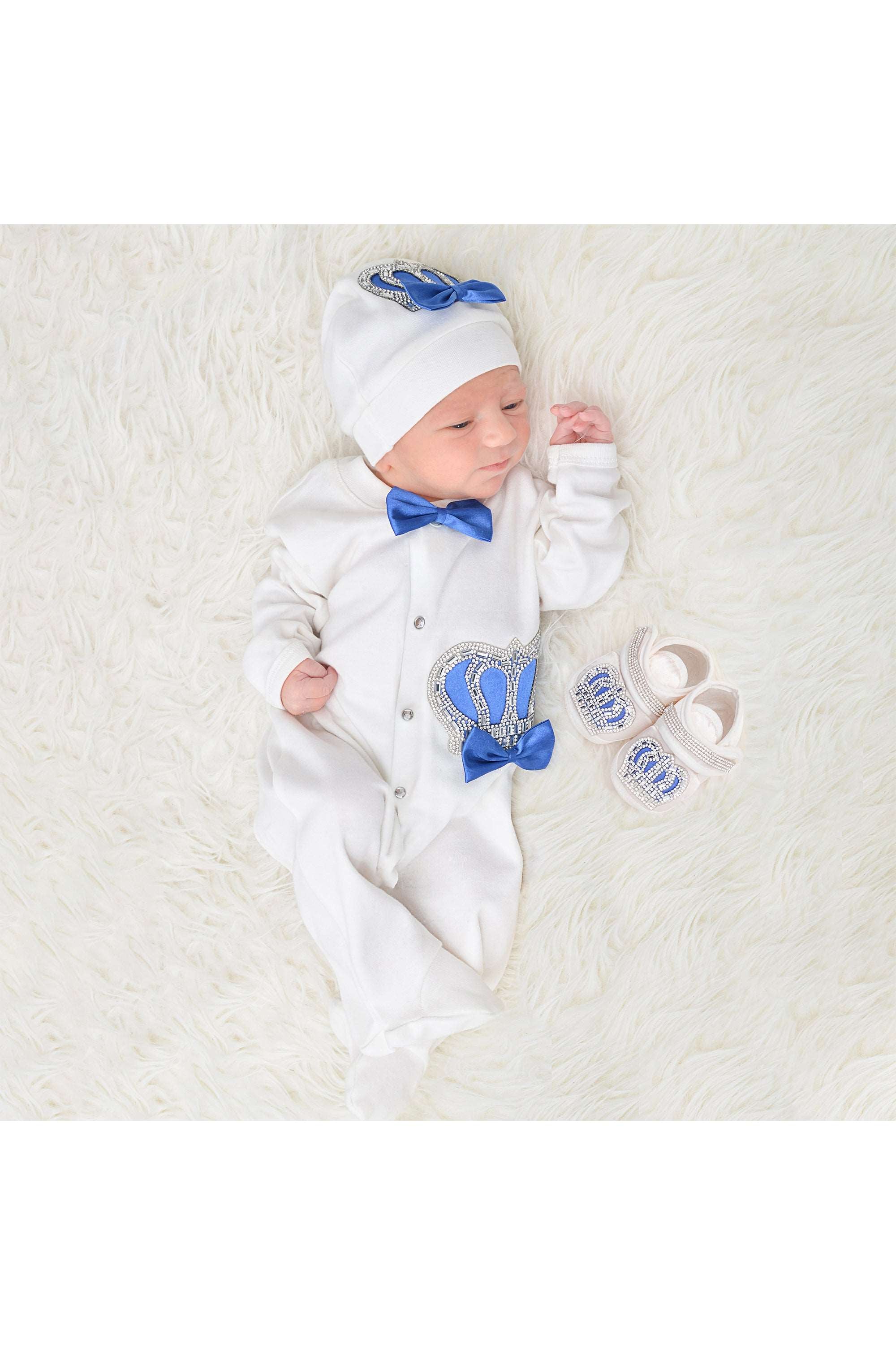 Jeweled crown newborn layette with footie, hat, mittens with bows; perfect christmas pajamas and christmas gift ideas