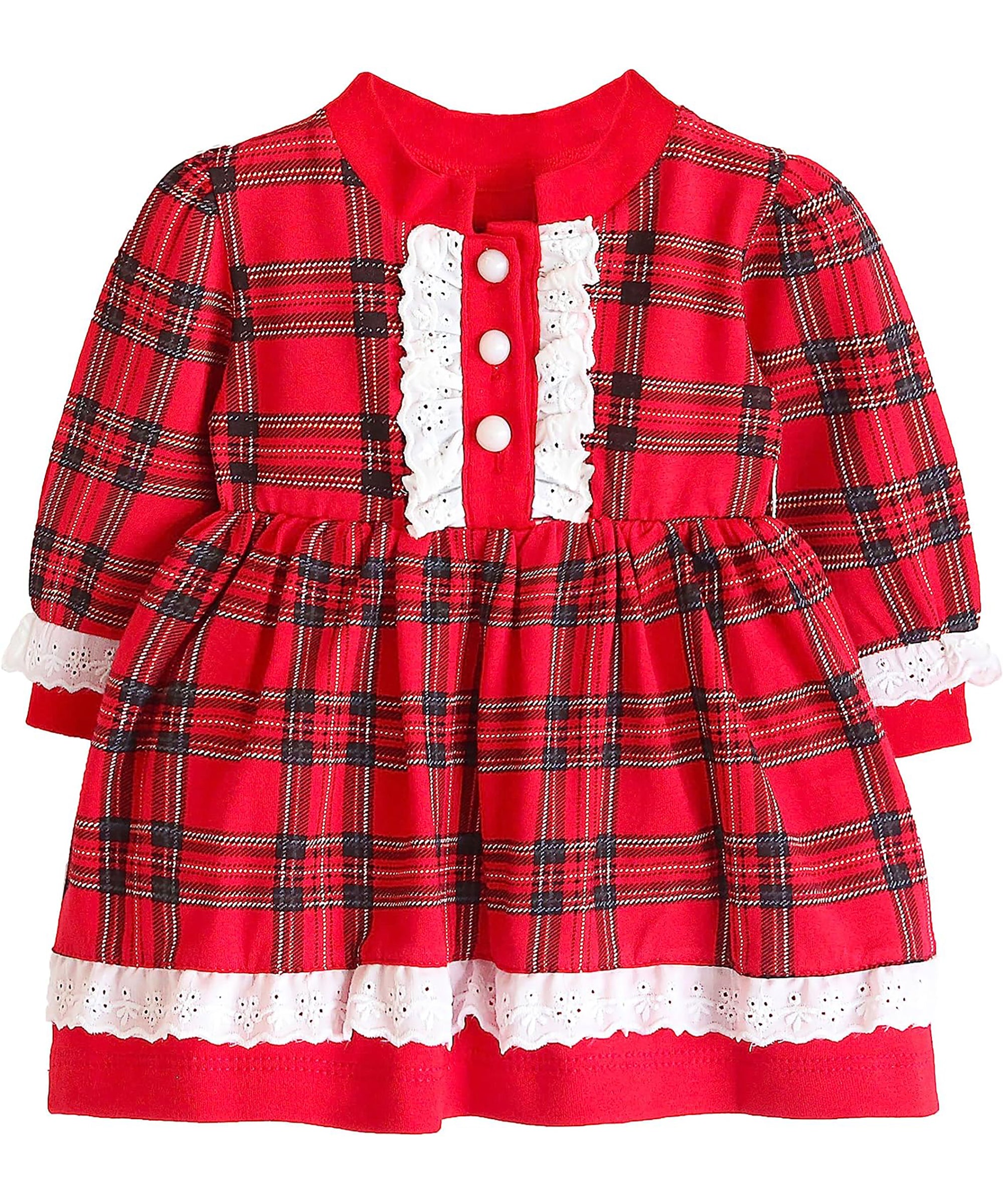 Plaid cotton baby girl clothes with ruffle and lace details and bows; perfect girls Christmas dress & Christmas gift ideas  