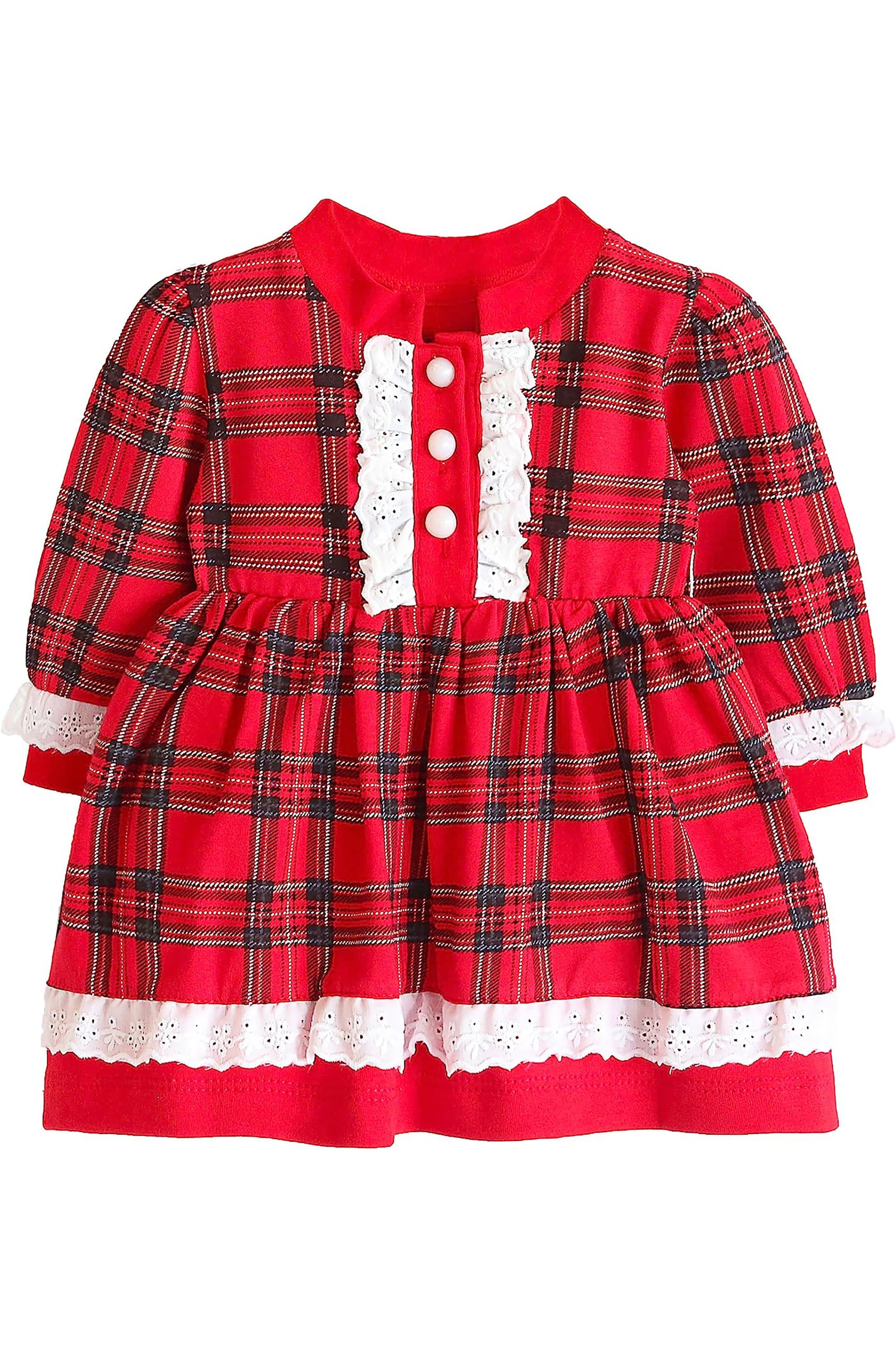 Plaid cotton baby girl clothes with ruffle and lace details and bows; perfect girls Christmas dress & Christmas gift ideas  