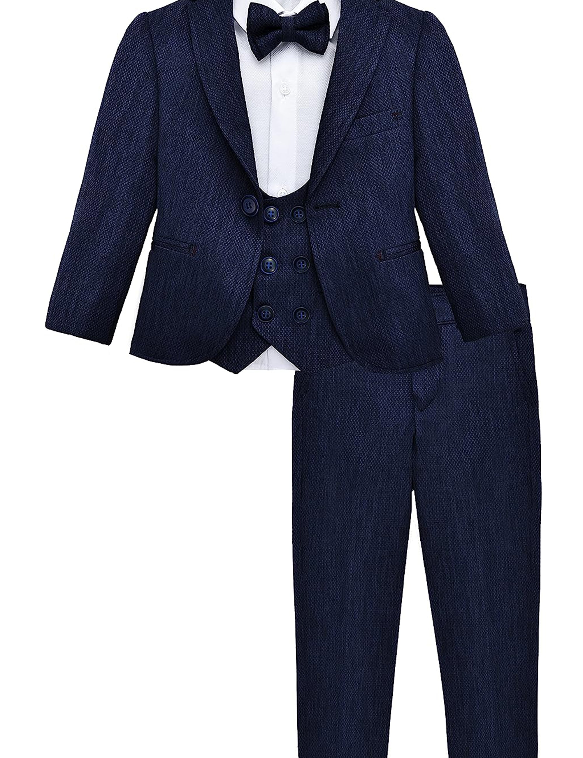 Boys 5 piece tuxedo suit with jacket, shirt, pants, vest and bow tie; perfect for baby boy clothes & christmas gift ideas  