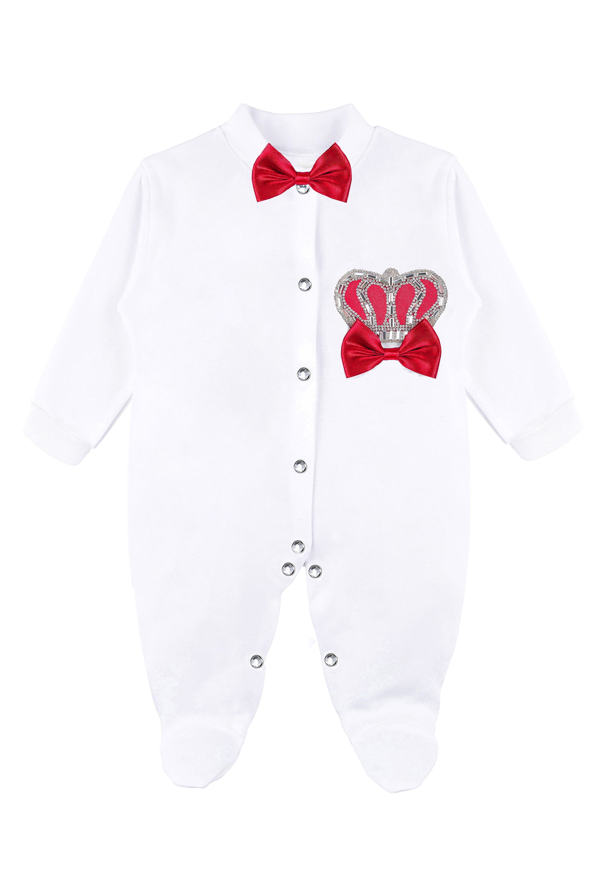 Jeweled crown newborn layette with footie, hat, mittens with bows; perfect christmas pajamas and christmas gift ideas