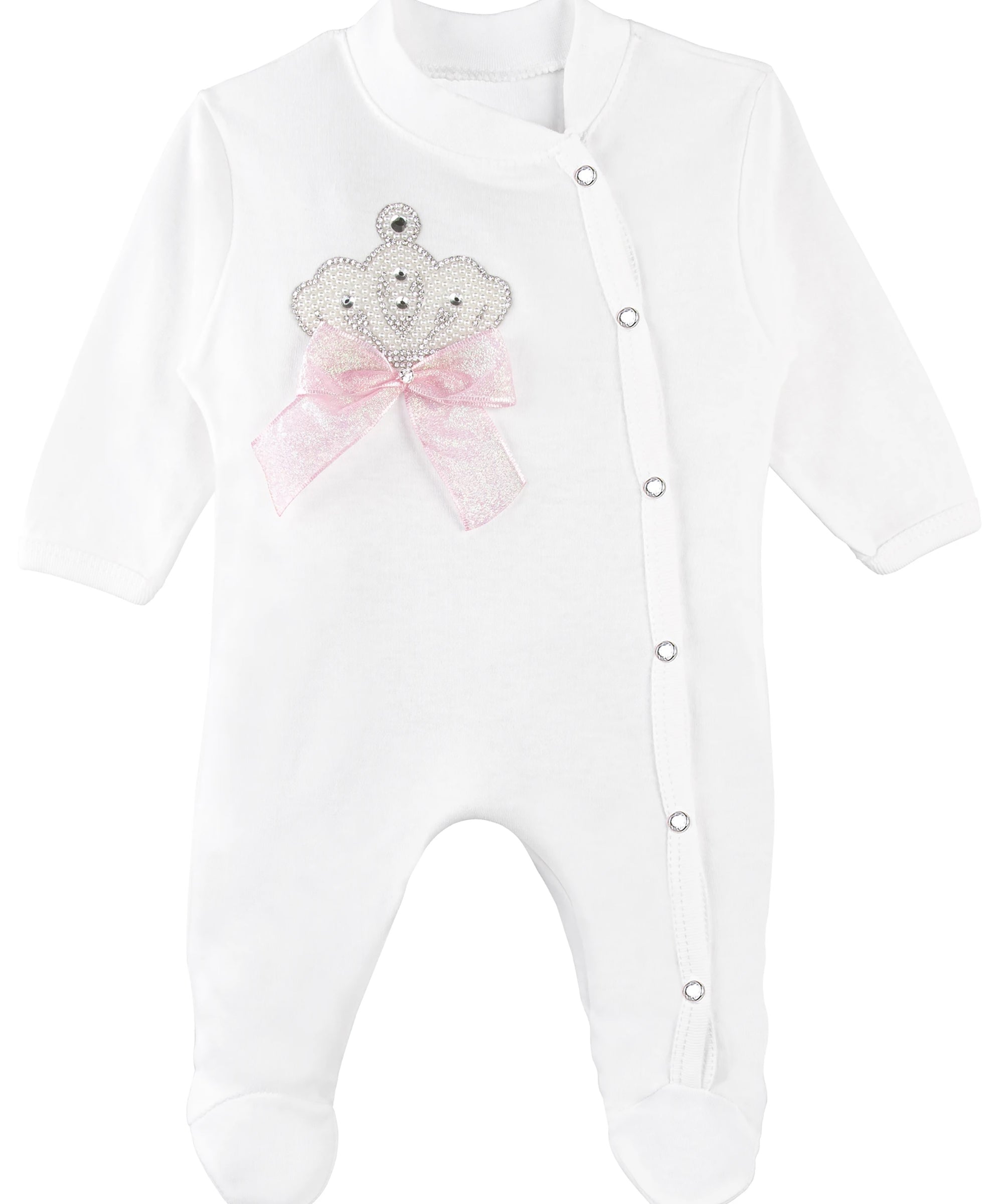 Jeweled crown newborn layette with footie, hat, mittens with bows; perfect christmas pajamas and Christmas gift ideas