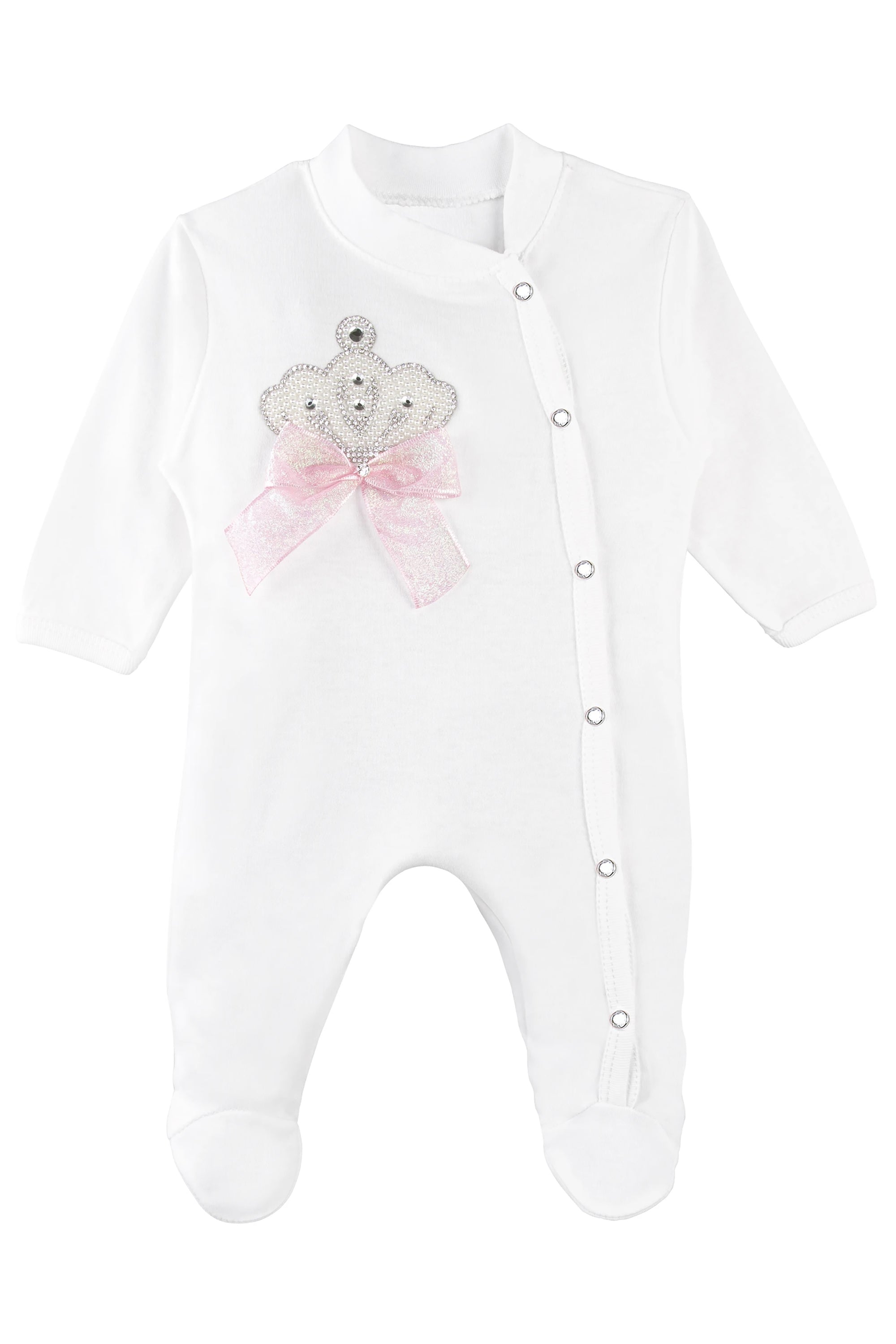 Jeweled crown newborn layette with footie, hat, mittens with bows; perfect christmas pajamas and Christmas gift ideas