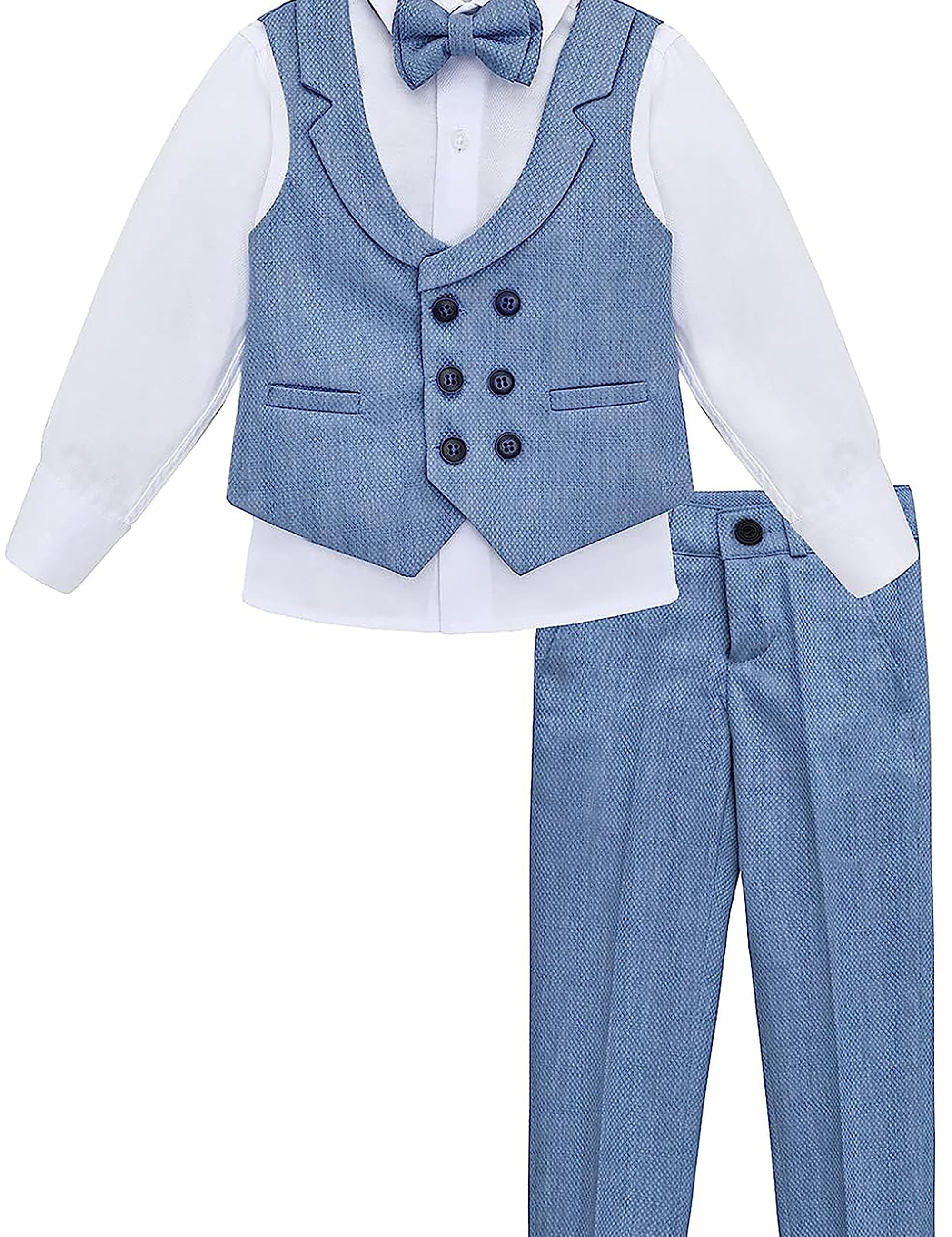 Boys 4 piece tuxedo suit with shirt, pants, vest and bow tie; perfect for baby boy clothes & christmas gift ideas  