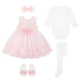 Newborn baby girl dress with lace flower details and  matching headband & shoes; for christening, baptism & Christmas gift ideas 