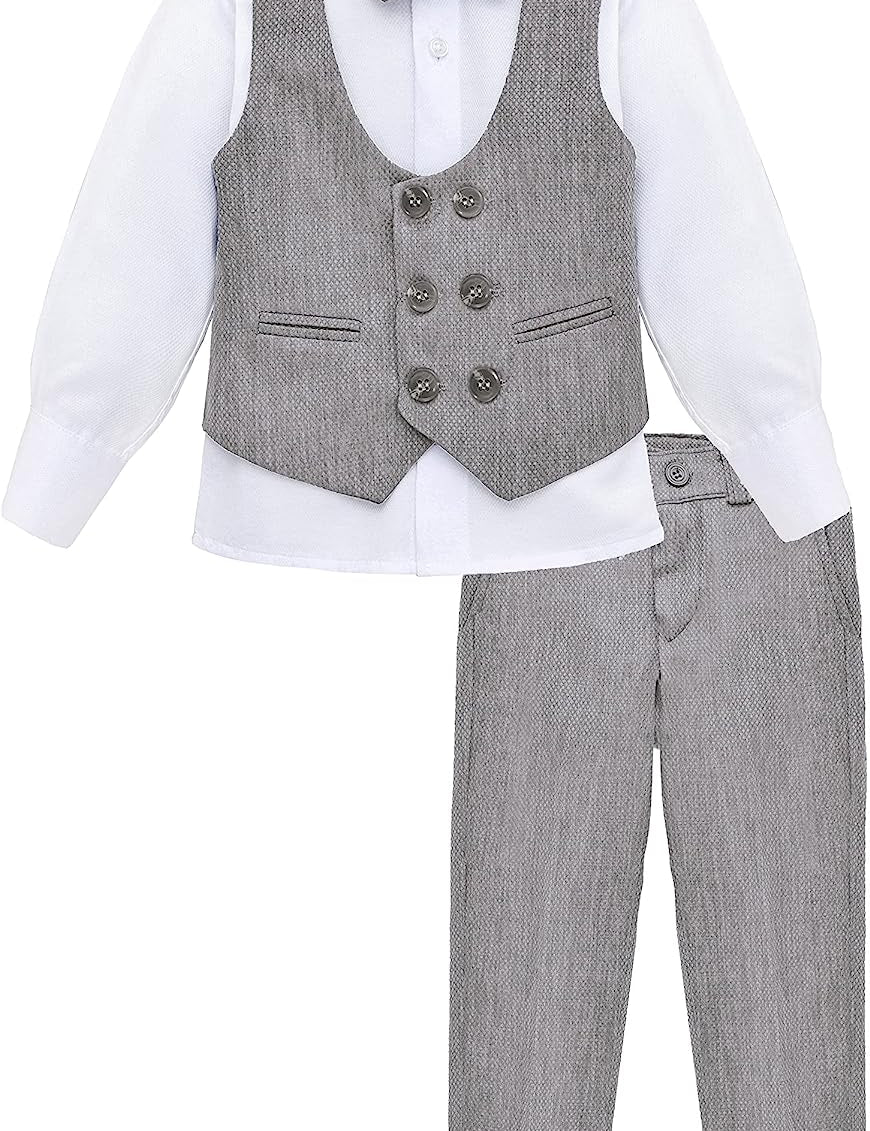 Boys 4 piece tuxedo suit with shirt, pants, vest and bow tie; perfect for baby boy clothes & christmas gift ideas  