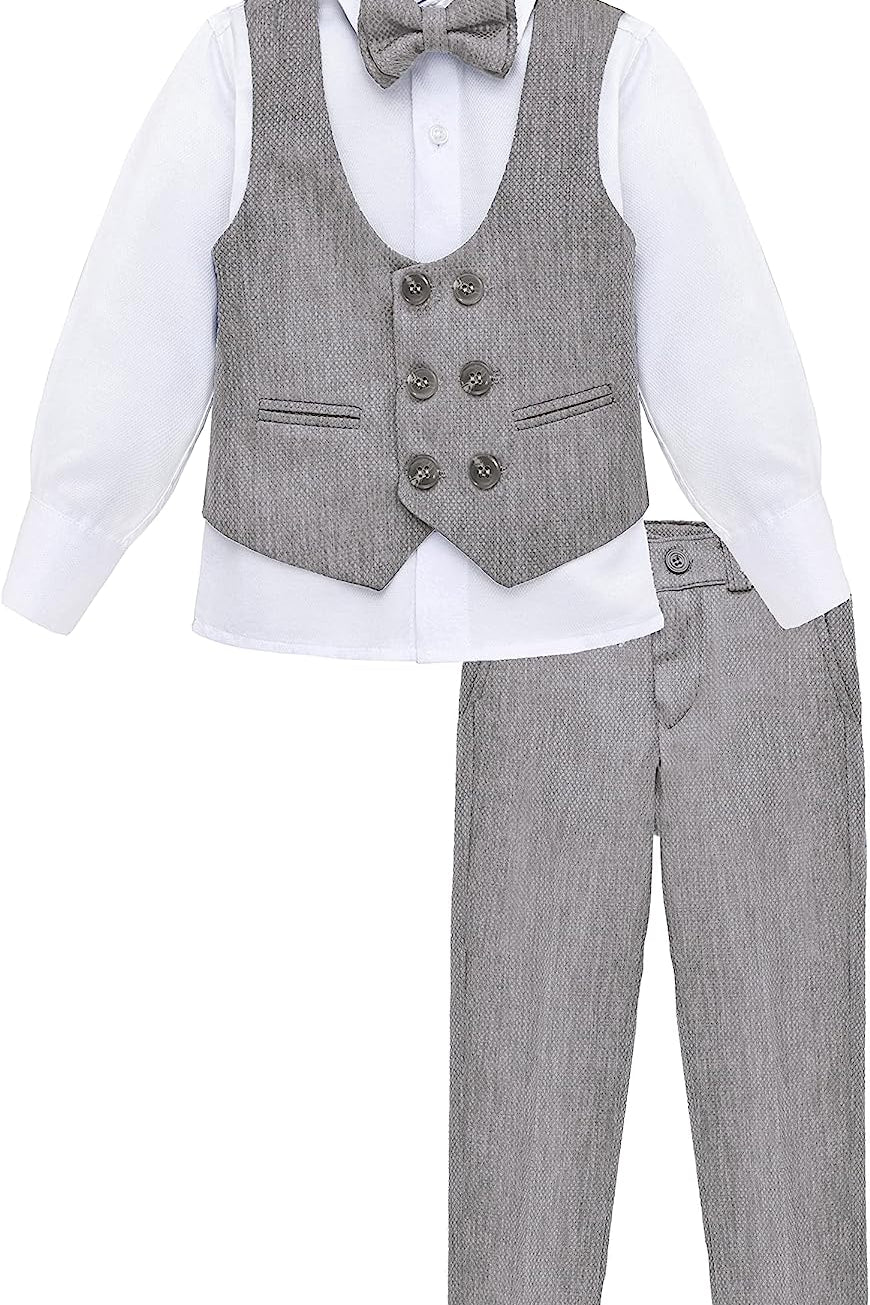 Toddler & Youth Boys 4 Piece Formal Suit Set V-Neck Vest White Dress Shirt Dress Pants and Bowtie LILAX